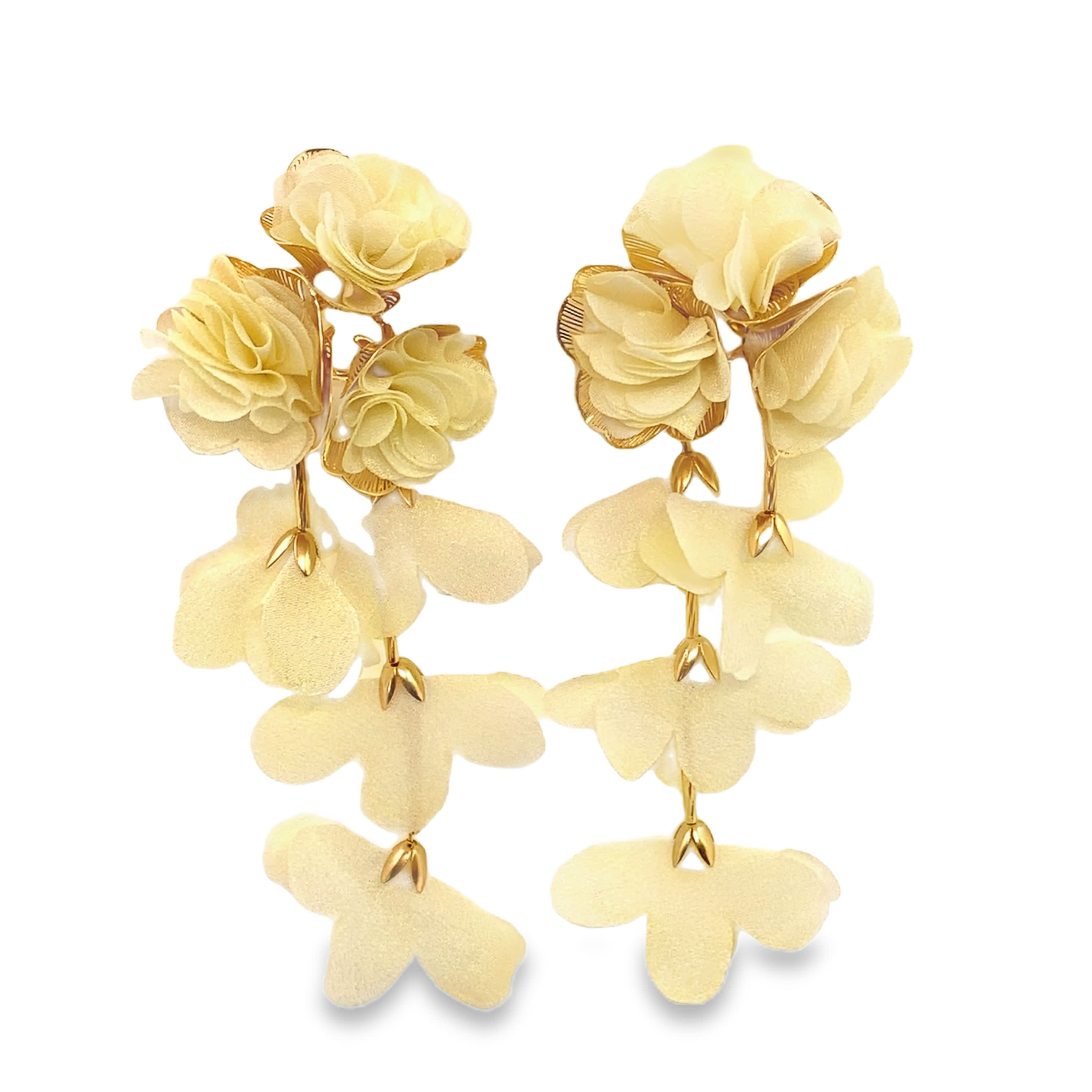 Eleganckie wiszące kolczyki w kolorze żółtego złota z motywem kwiatowym i kaskadą