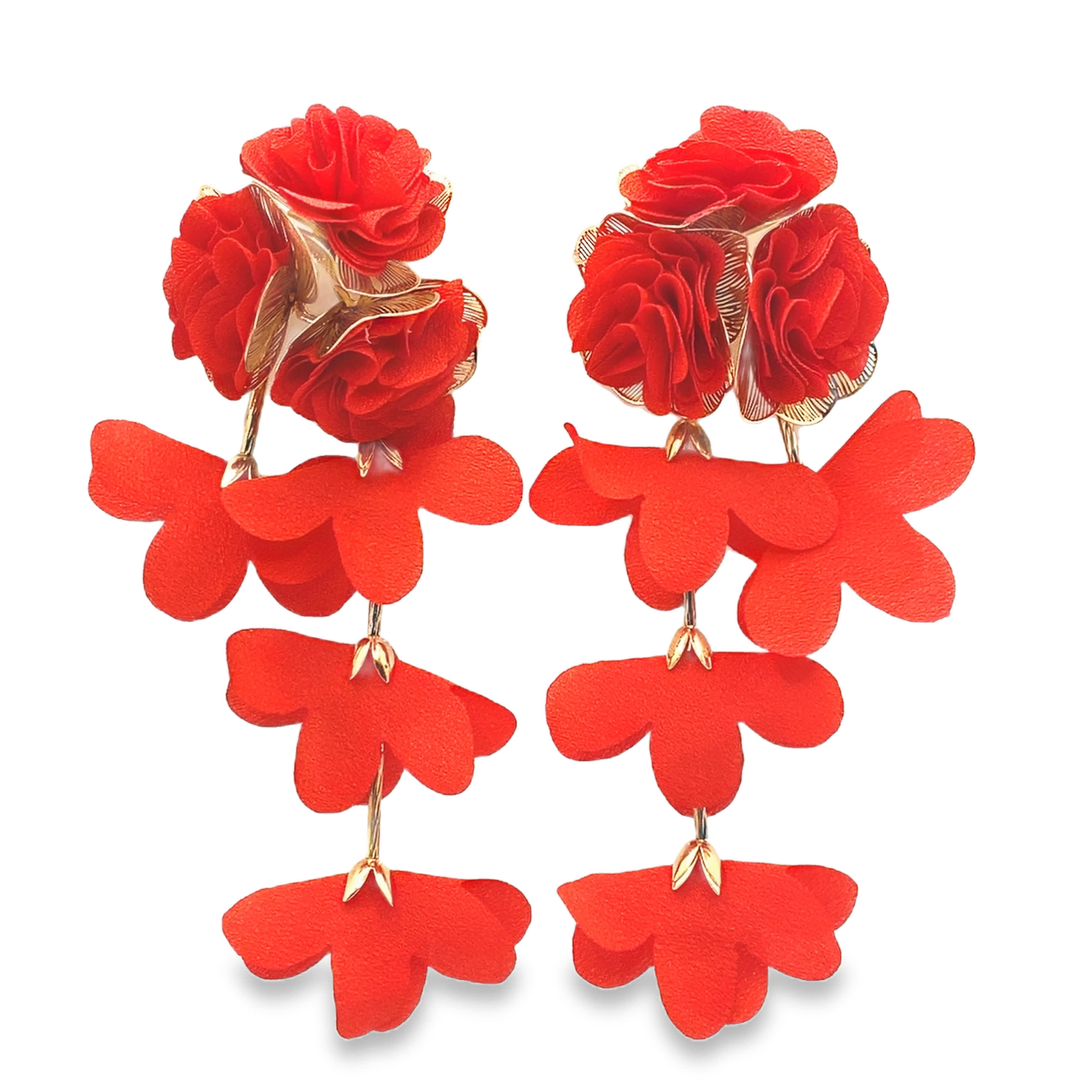 Żywe czerwone wiszące kolczyki z motywem kwiatów w lekkiej, niemetalowej konstrukcji