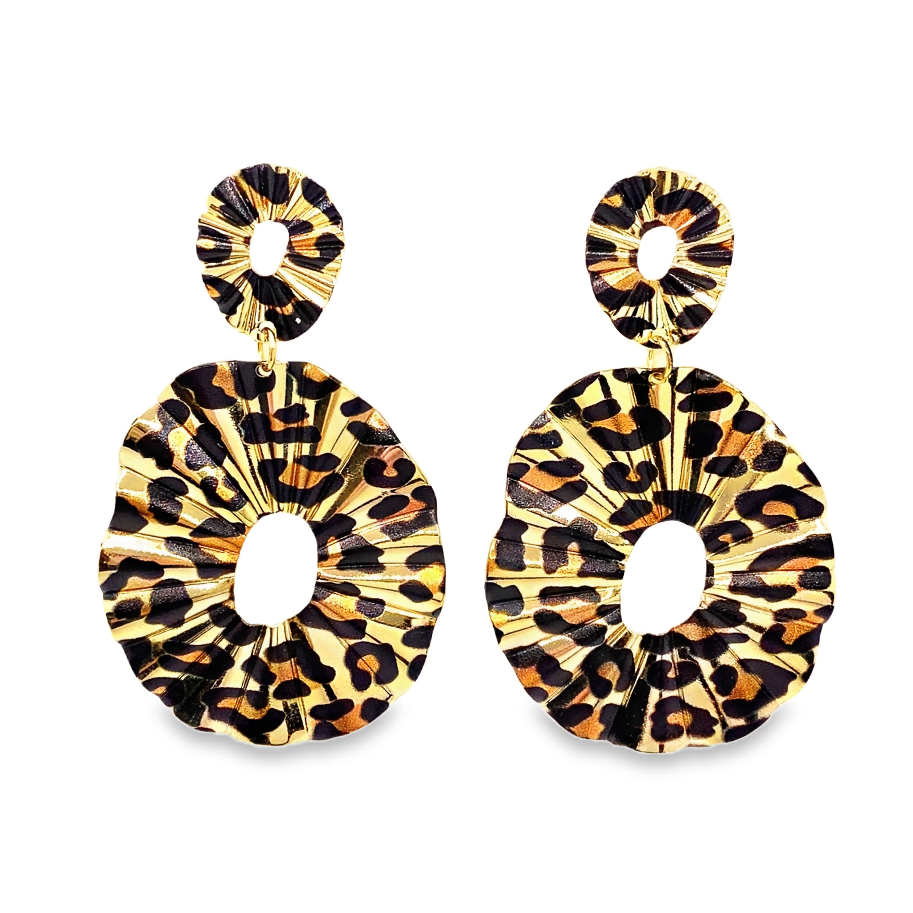 Wyraziste wiszące kolczyki w kolorze żółtego złota z nadrukiem w panterkę