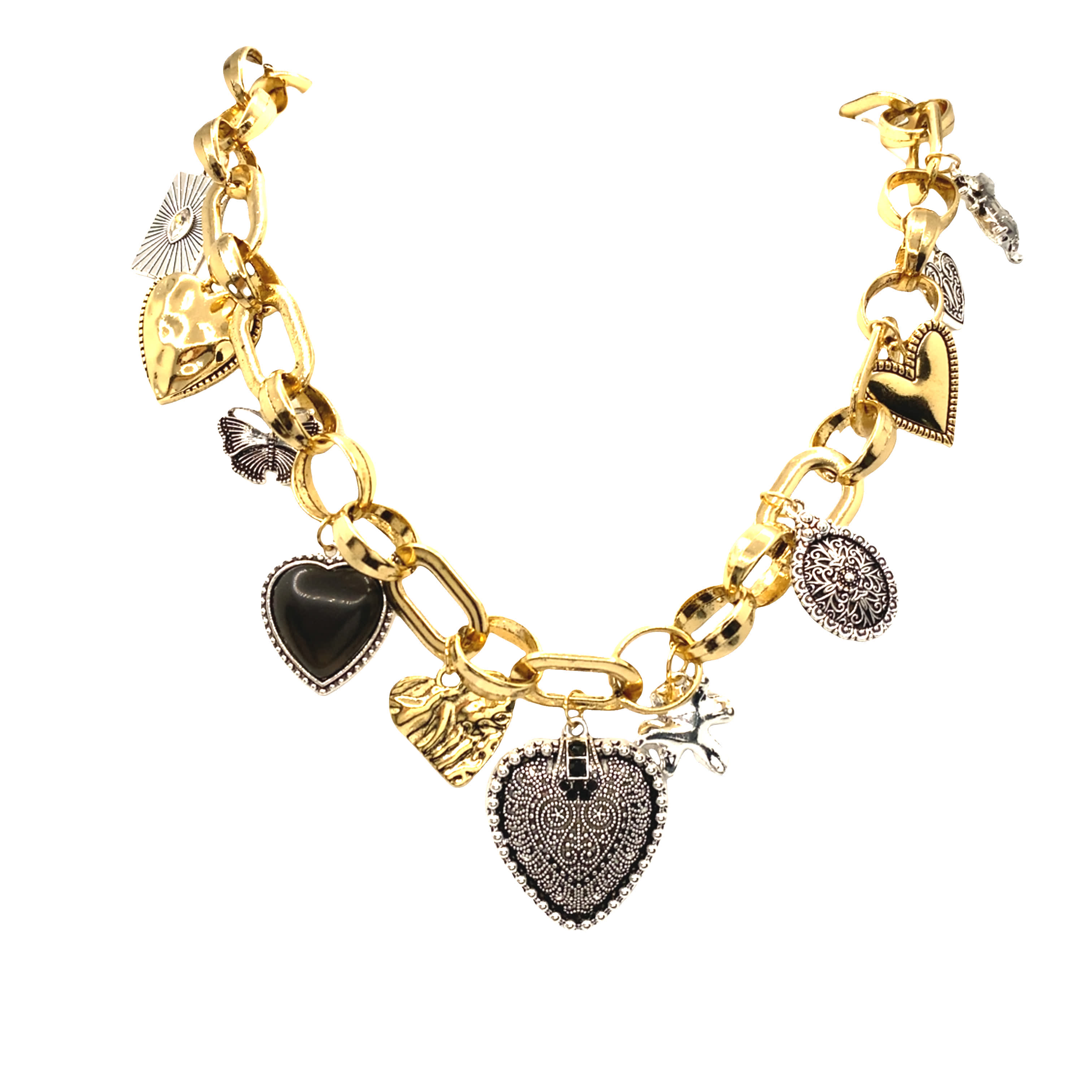 Naszyjnik w kolorze żółtego złota z zawieszkami i różnymi zawieszkami