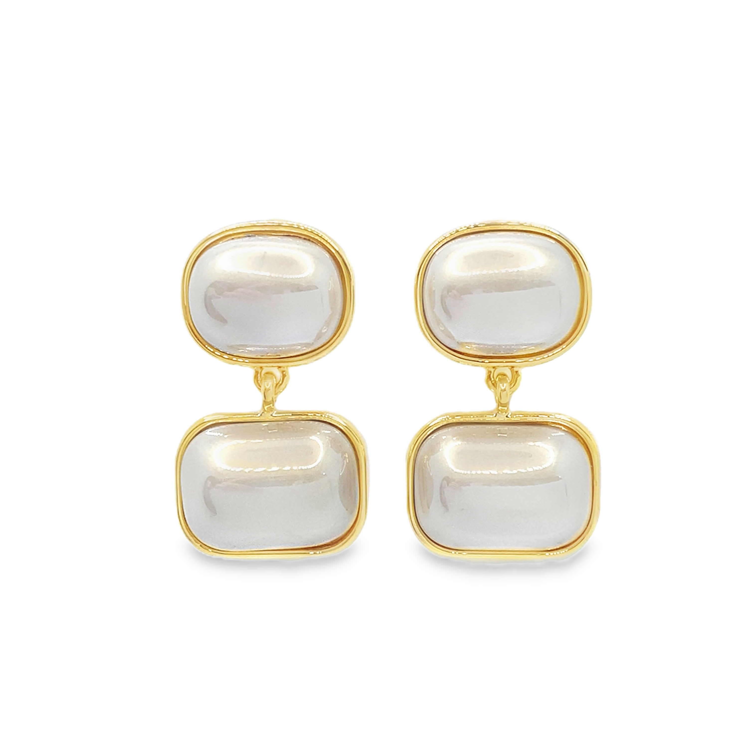 Kolczyki wiszące w kolorze żółtego złota z owalnymi perłami kaboszonowymi