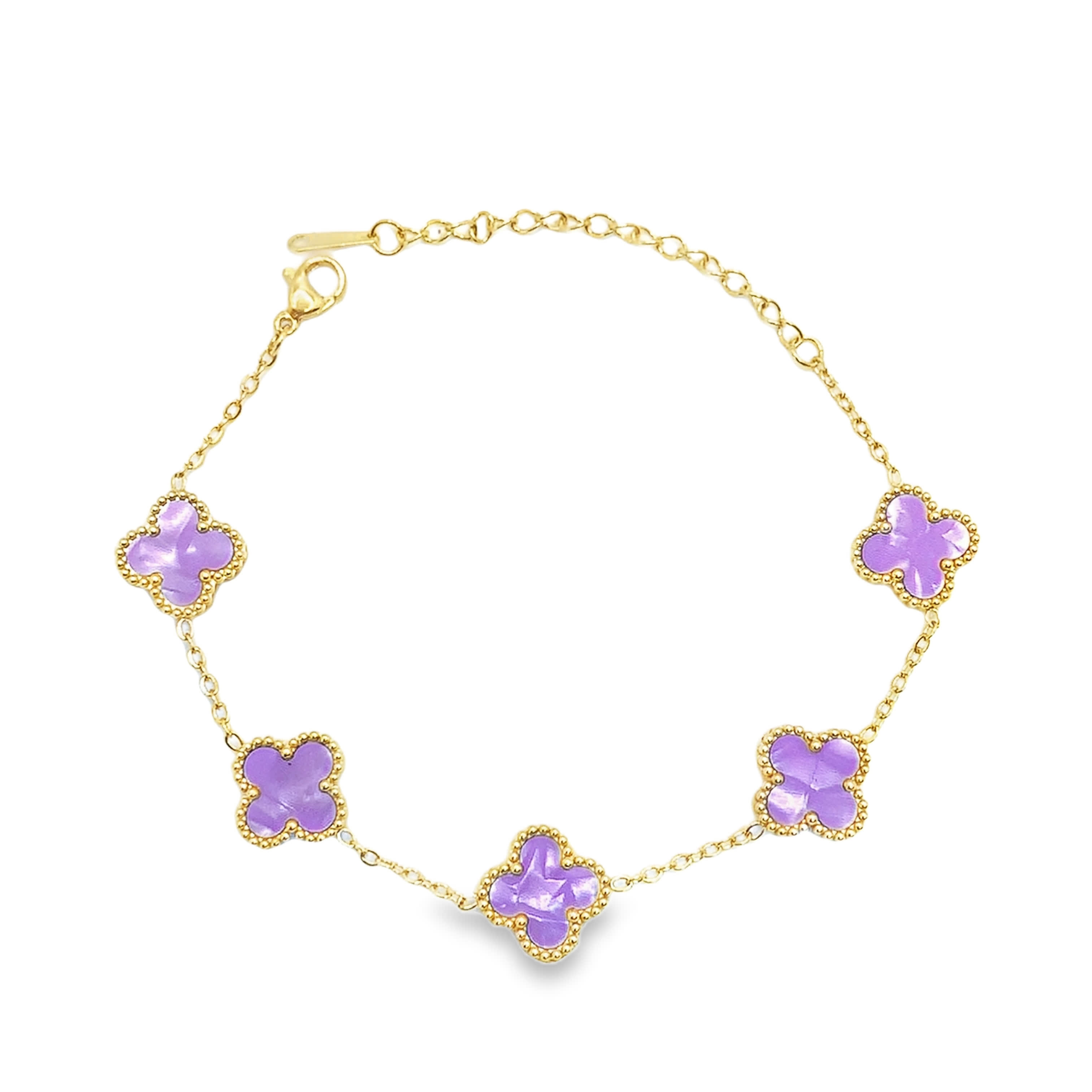 Bransoletka w kolorze żółtego złota z zawieszkami w kształcie koniczyny ametystowej
