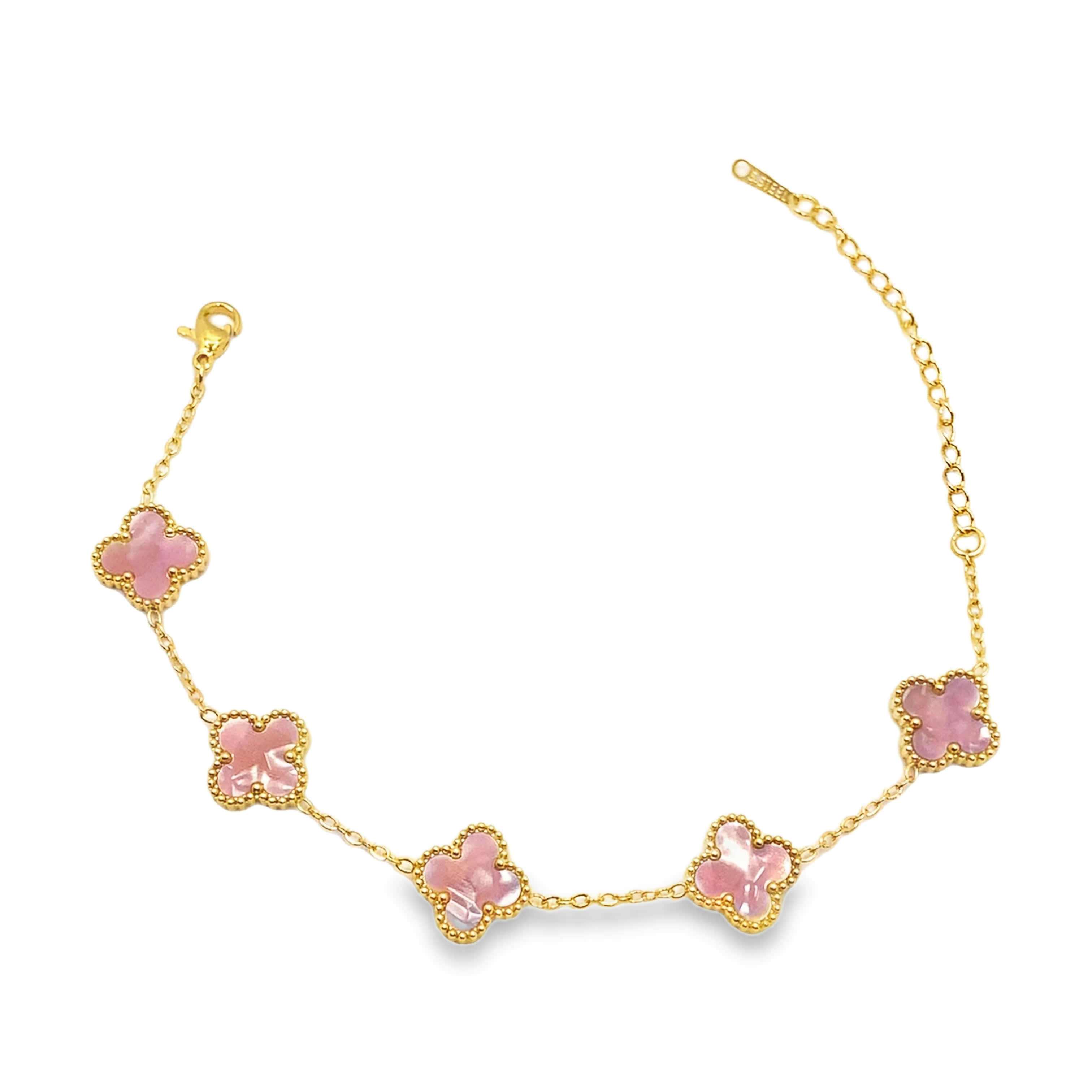 Bransoletka w kolorze żółtego złota z łańcuszkami i akcentami kwarcu w kolorze czerwono-fioletowym