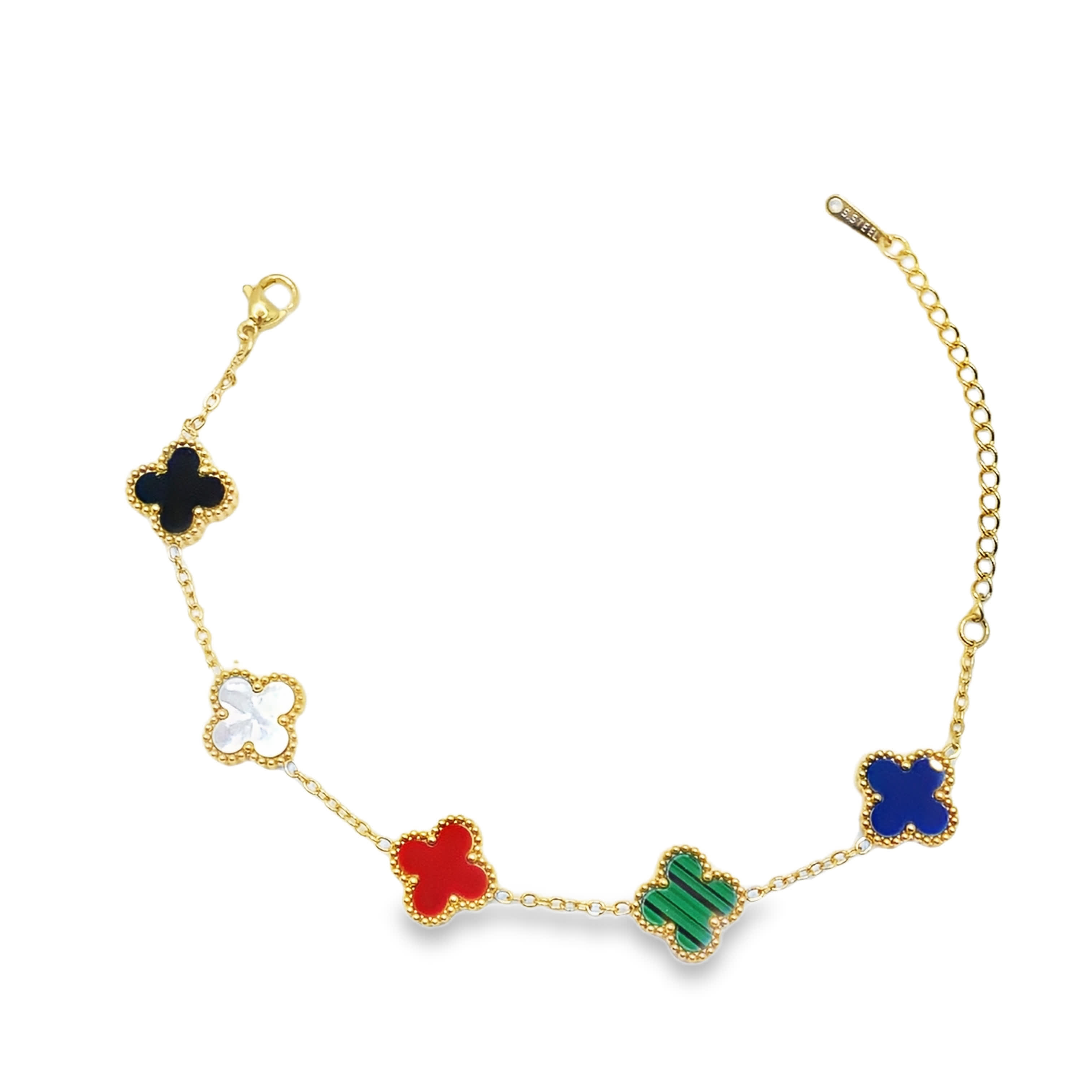 Bransoletka w kolorze żółtego złota z zawieszkami w kształcie wielokolorowej koniczyny