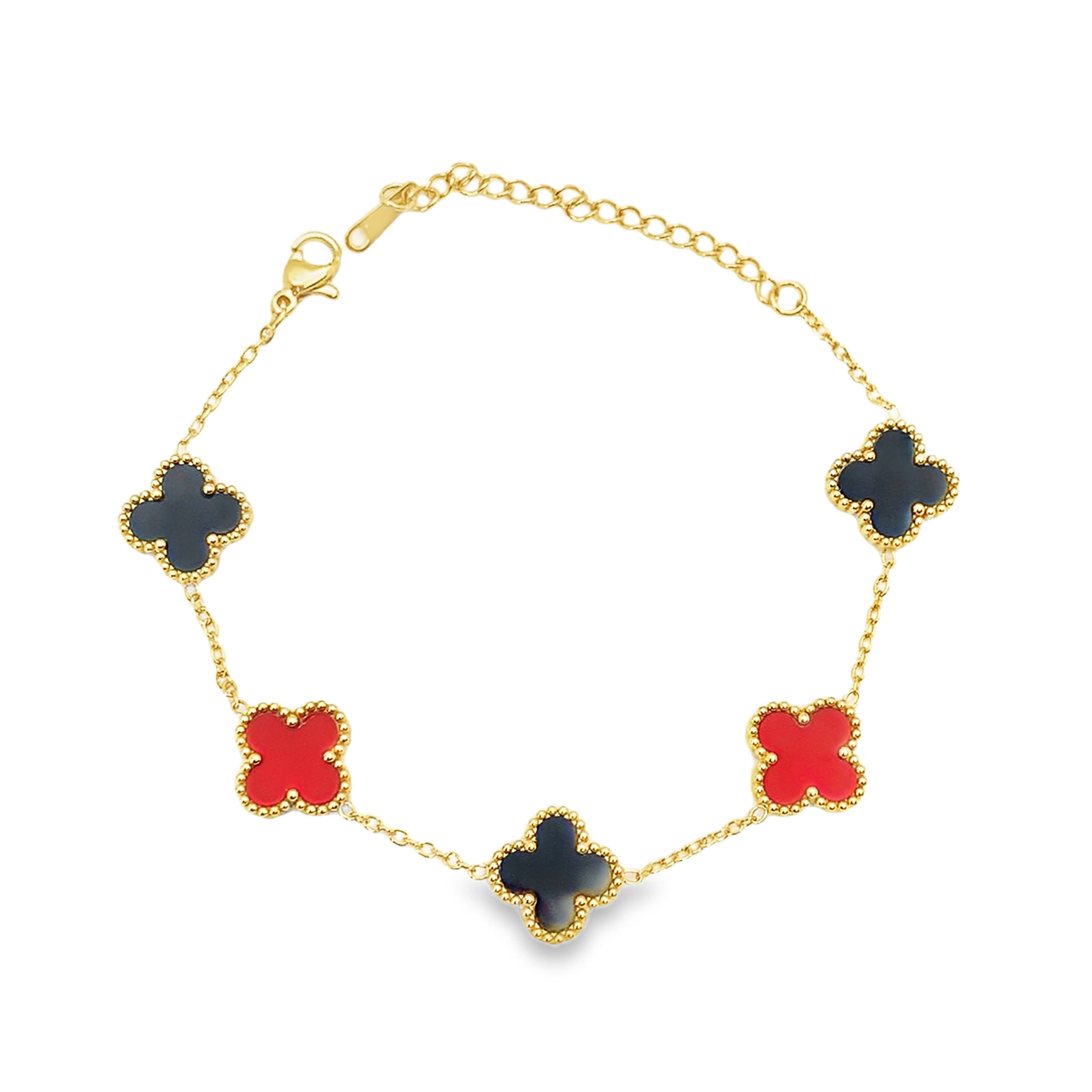 Bransoletka w kolorze żółtego złota z łańcuszkiem i motywem koniczyny