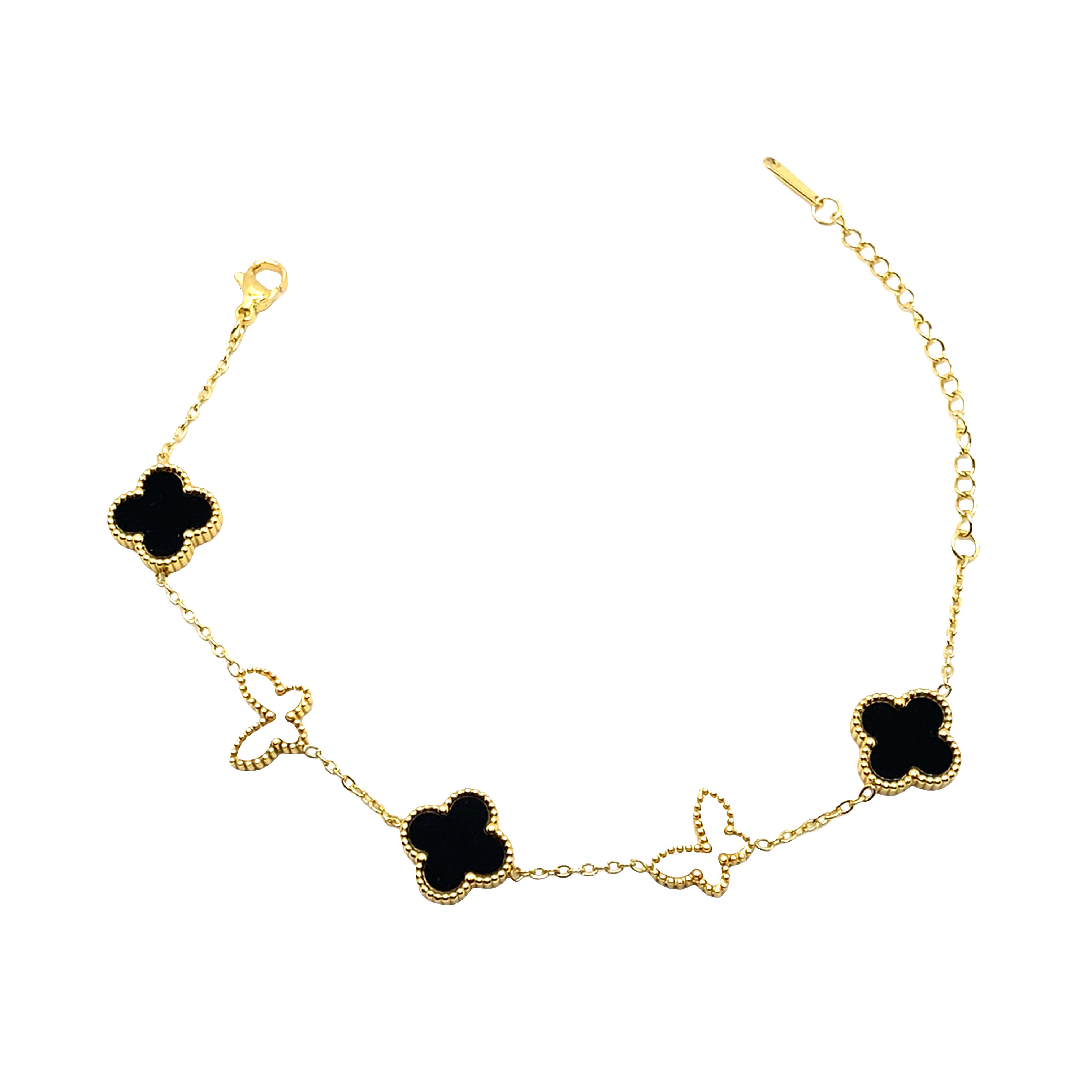 Elegancka bransoletka w kolorze żółtego złota z zawieszką koniczyny i motyla