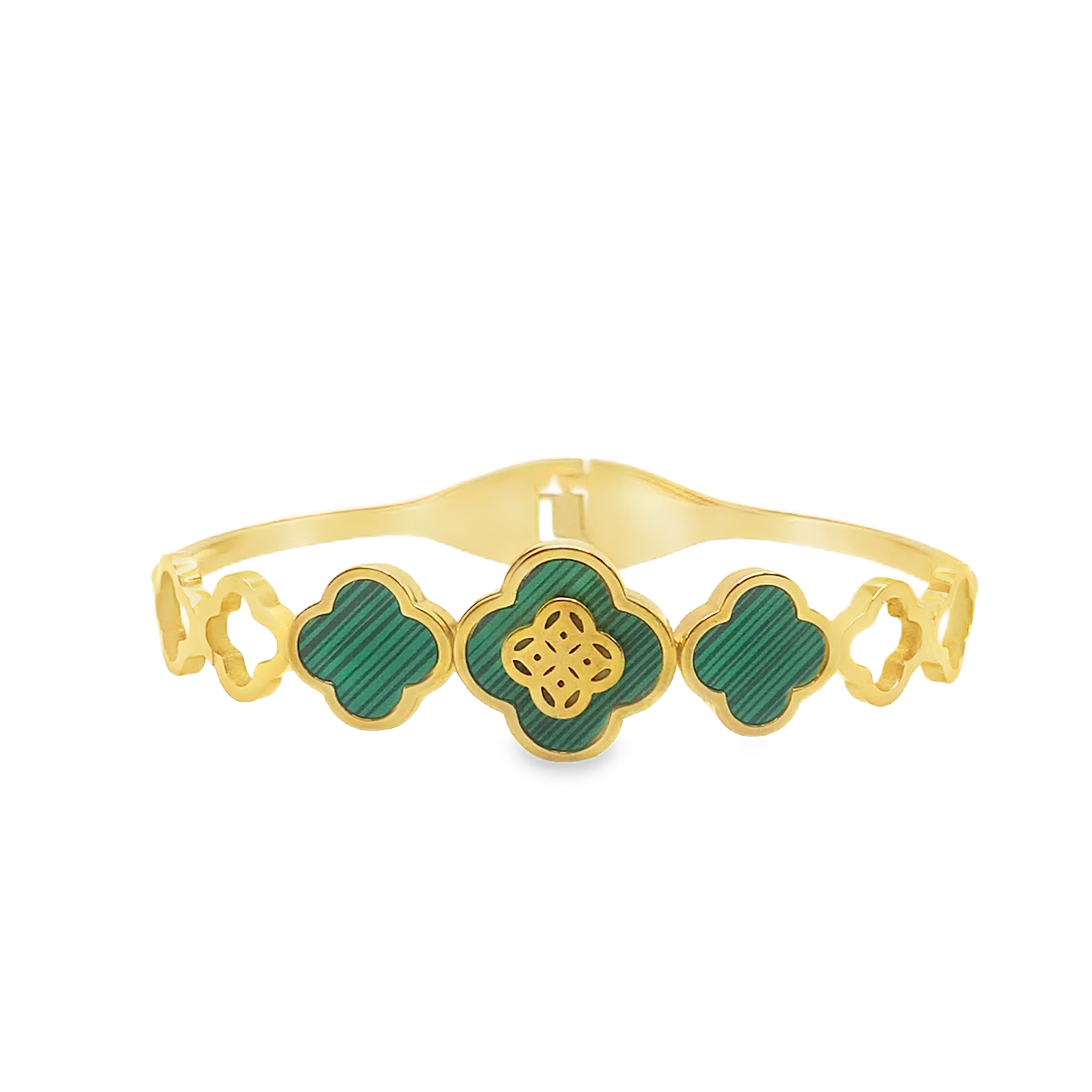 Bransoleta w kolorze żółtego złota z okrągłymi akcentami koniczyny malachitowej