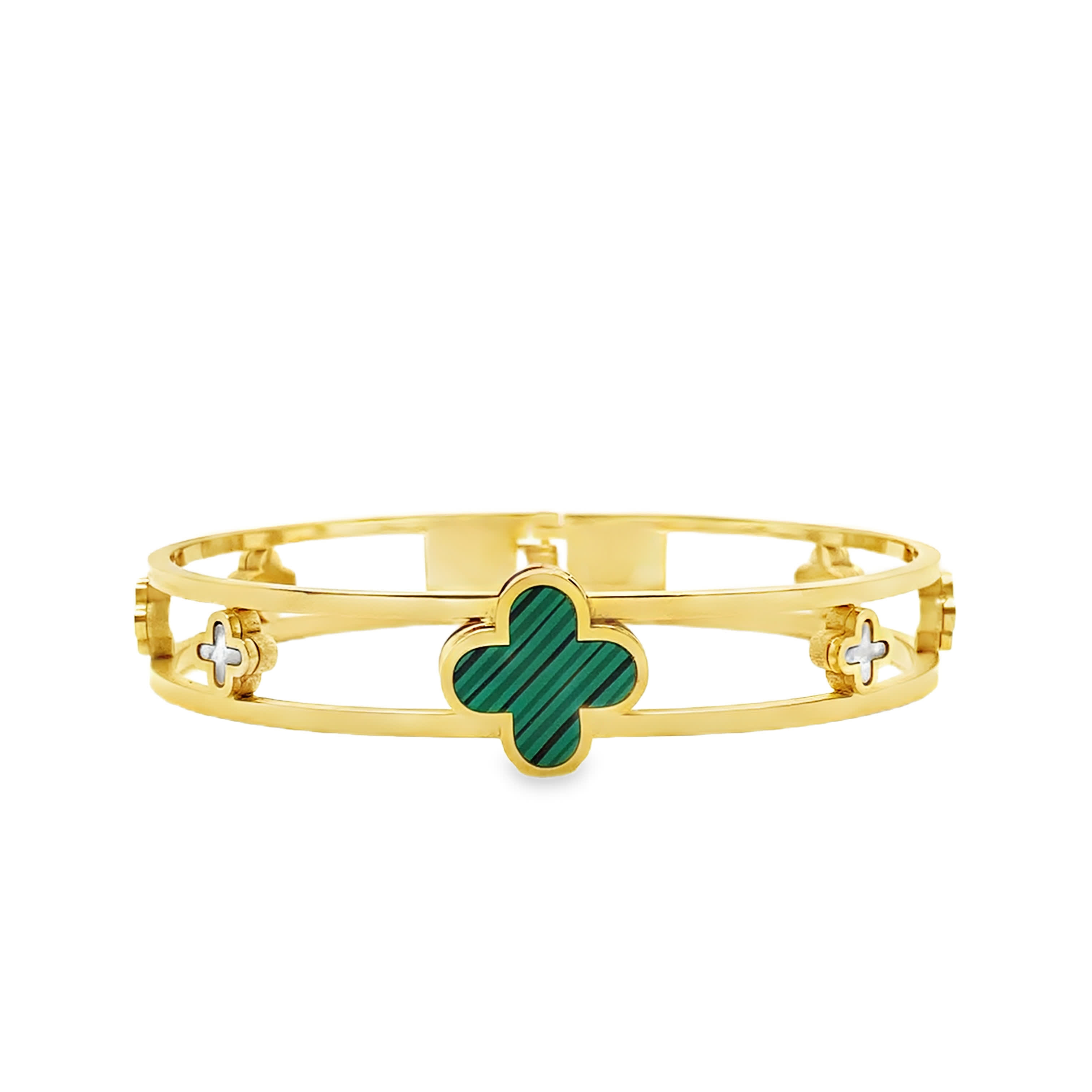 Bransoleta w kolorze żółtego złota z malachitowymi motywami koniczyny