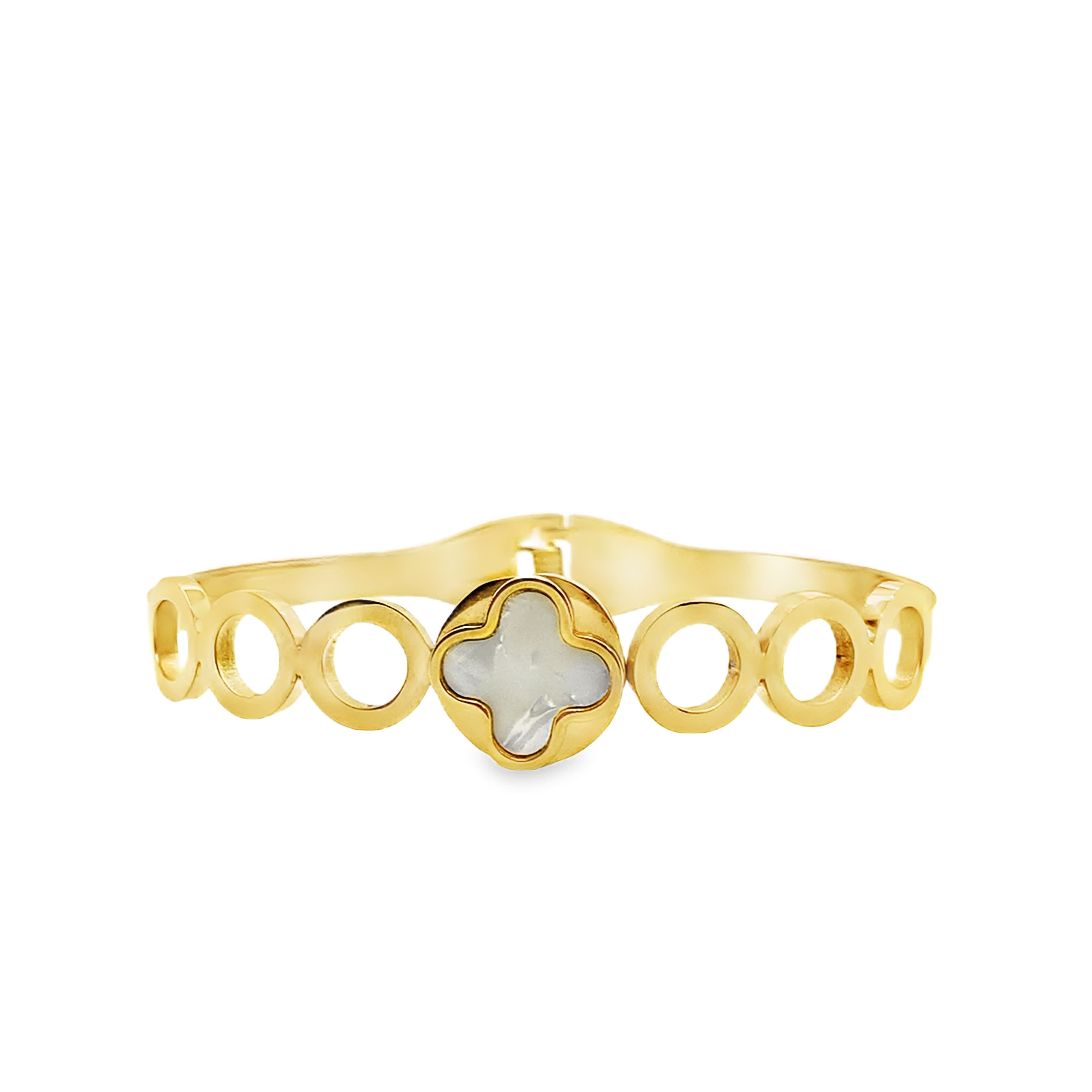 Bransoletka w kolorze żółtego złota z perłowym detalem koniczyny