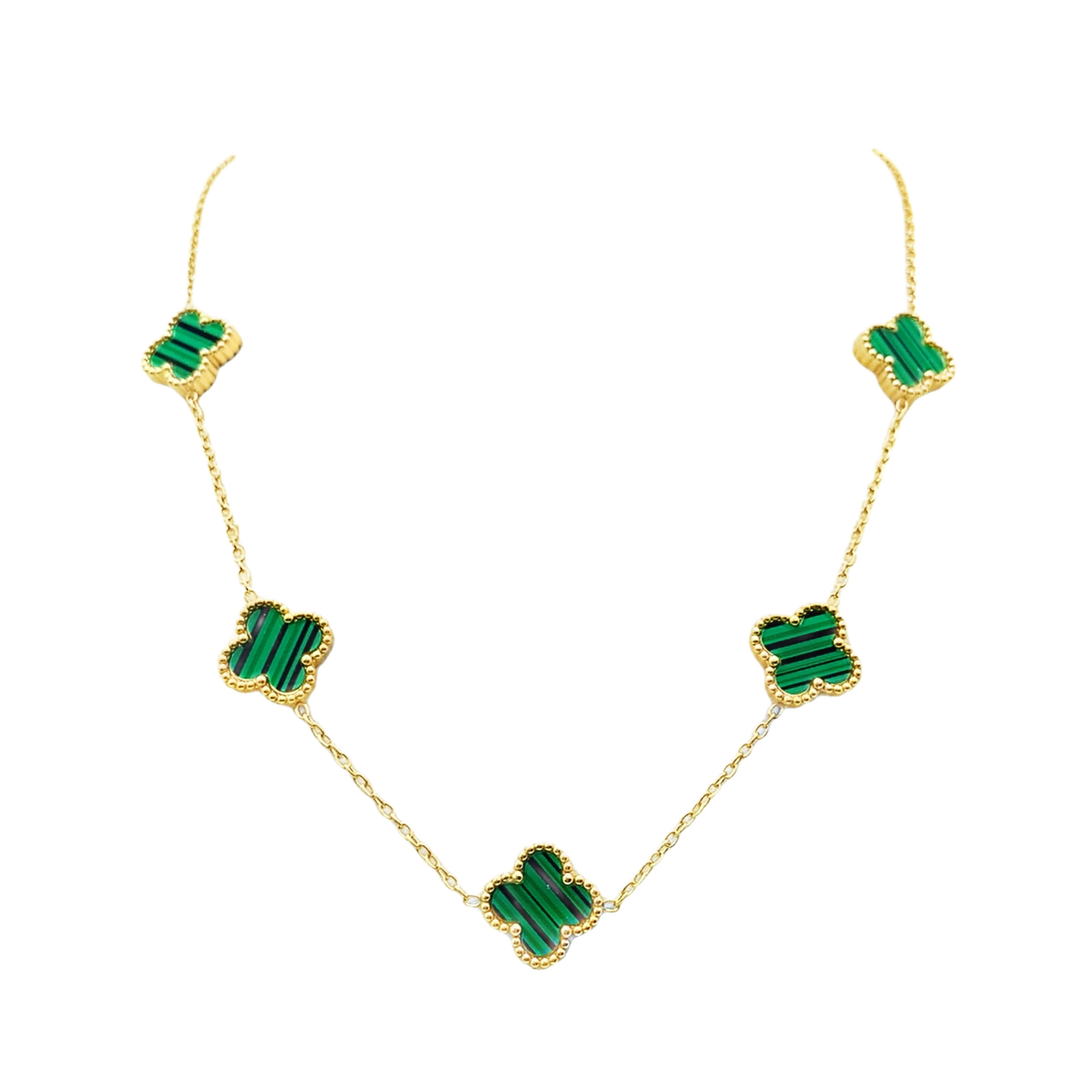 Naszyjnik z zawieszkami z żółtego złota z okrągłymi zawieszkami z malachitu w kształcie kaboszonu