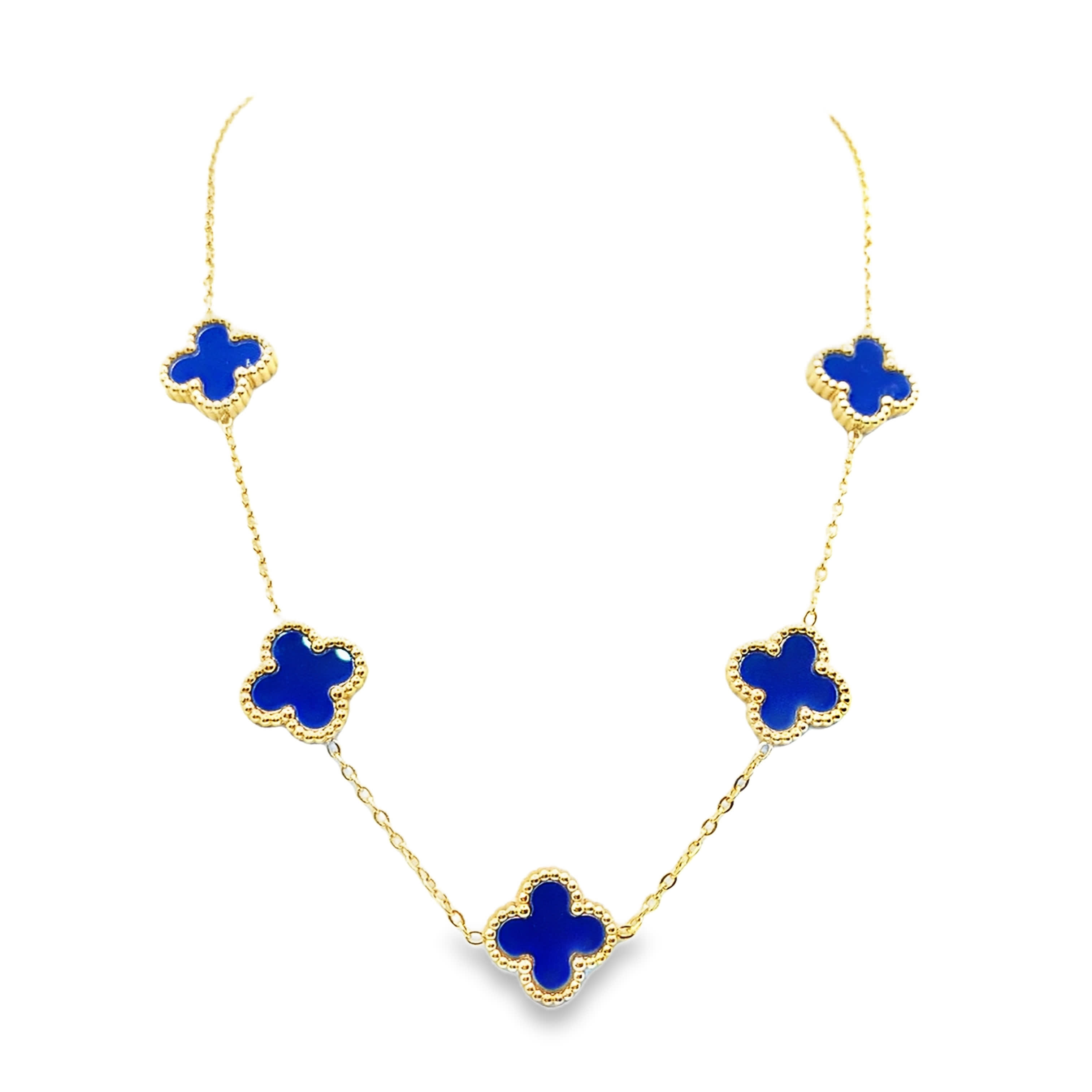 Naszyjnik z żółtego złota z koniczynkami lapis lazuli