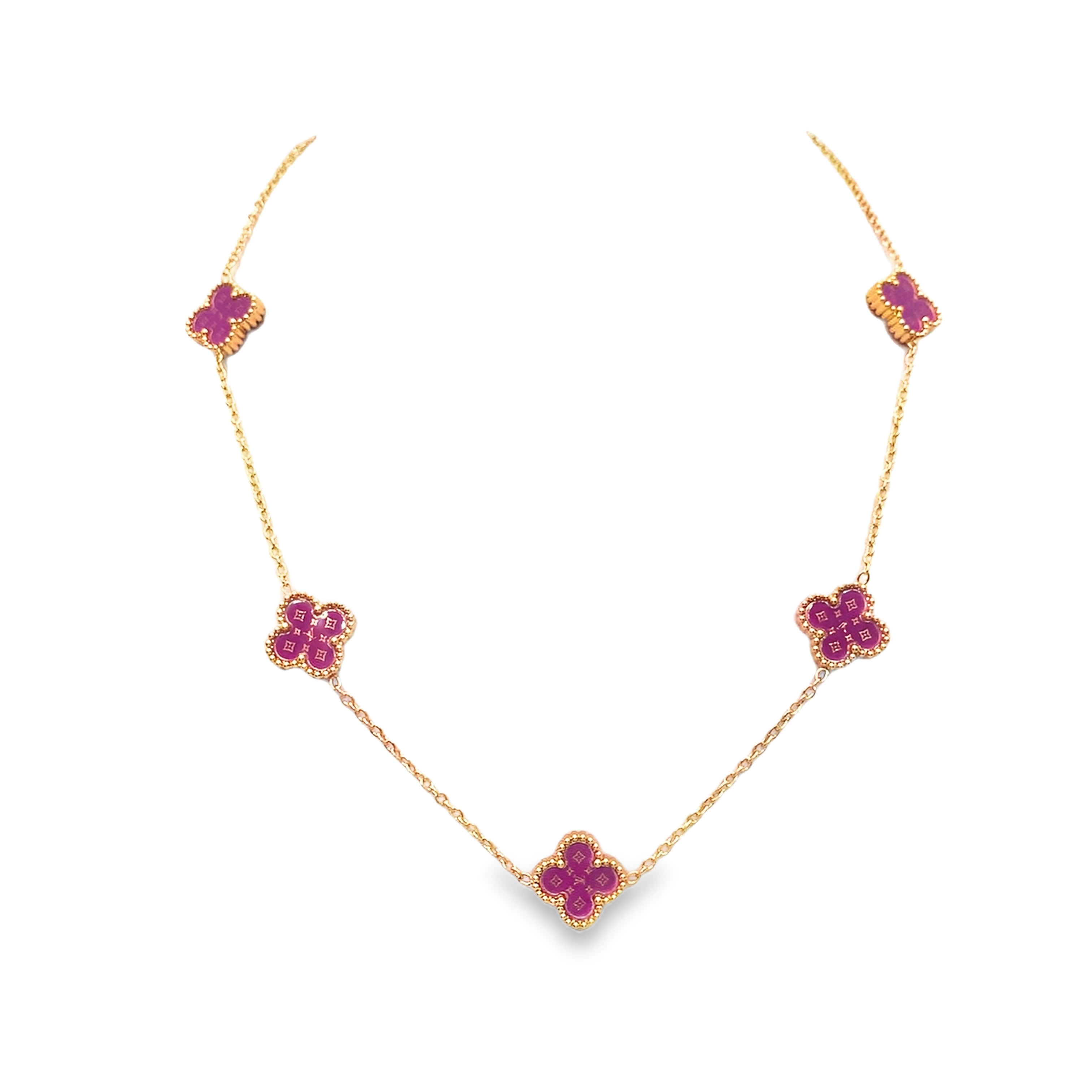 Naszyjnik z żółtego złota z fioletowo-czerwonymi rubinowymi koniczynkami