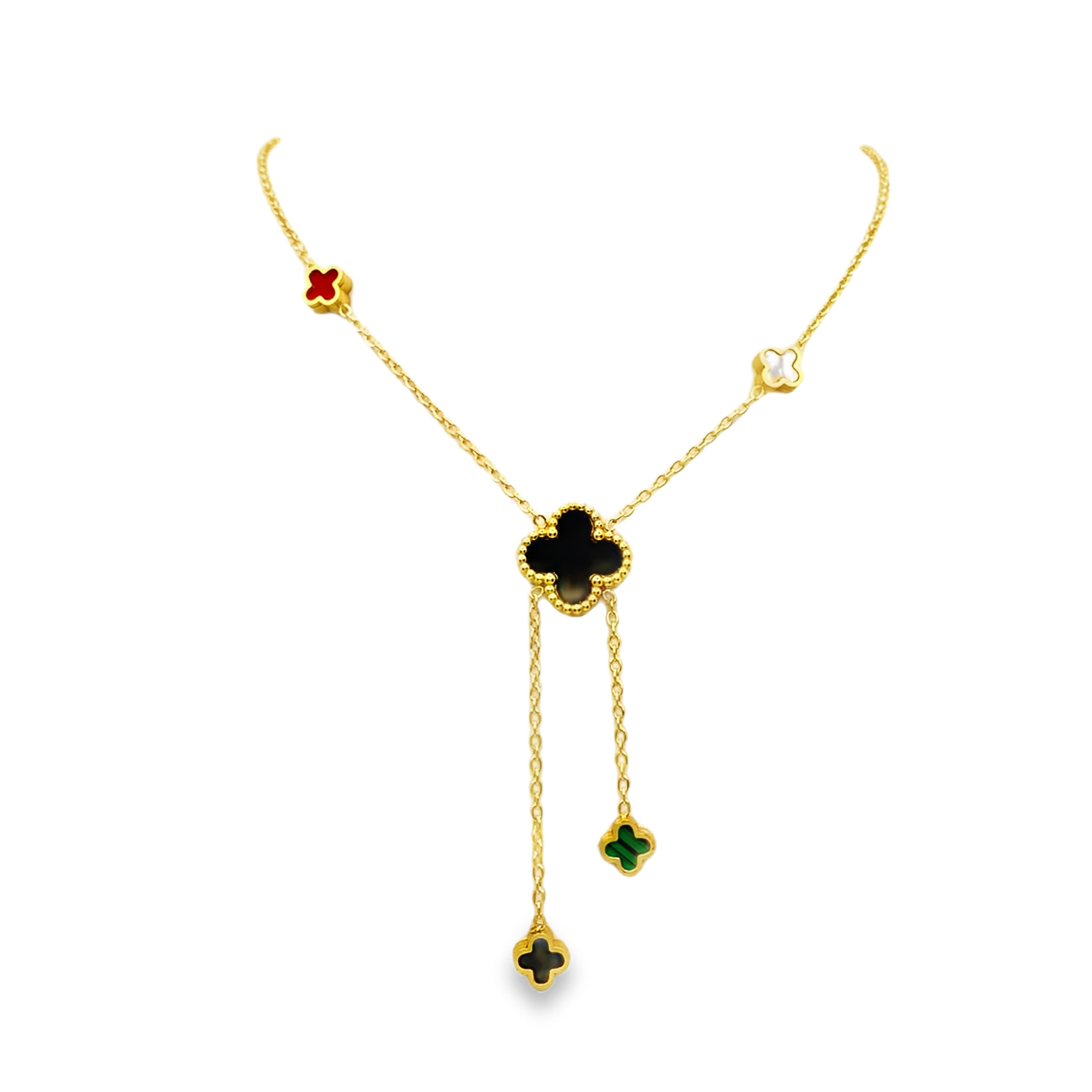 Naszyjnik z zawieszką w kształcie czterolistnej koniczyny z żółtego złota z onyksem