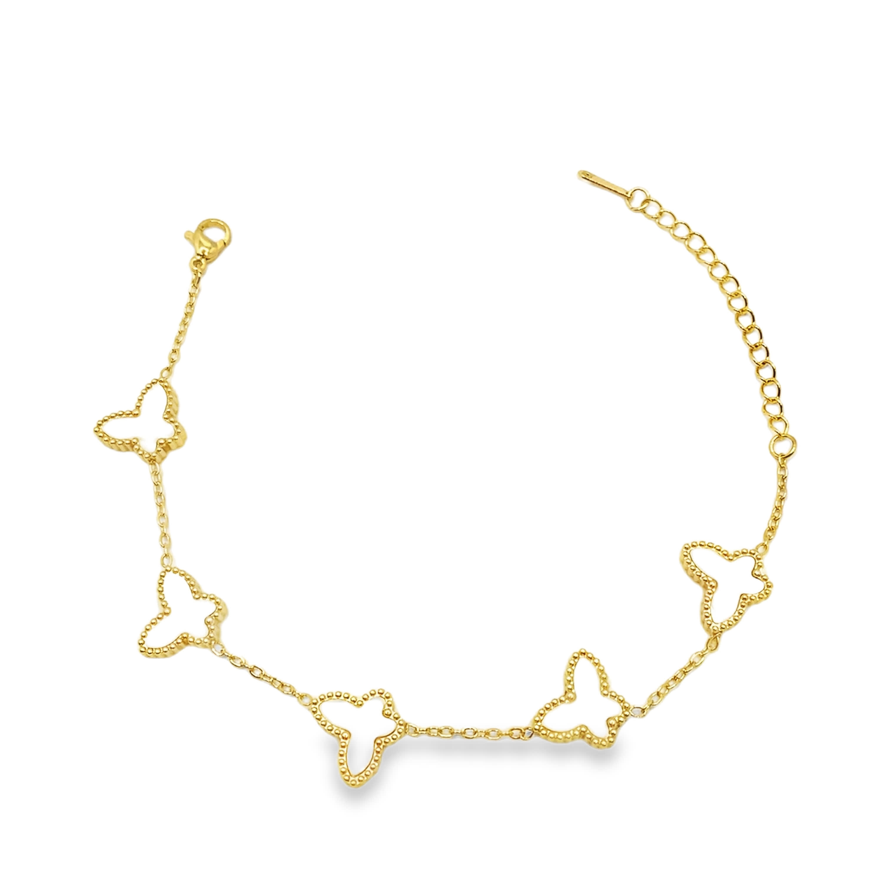 Bransoletka z żółtego złota z łańcuszkiem i perłowymi akcentami w kształcie motyli