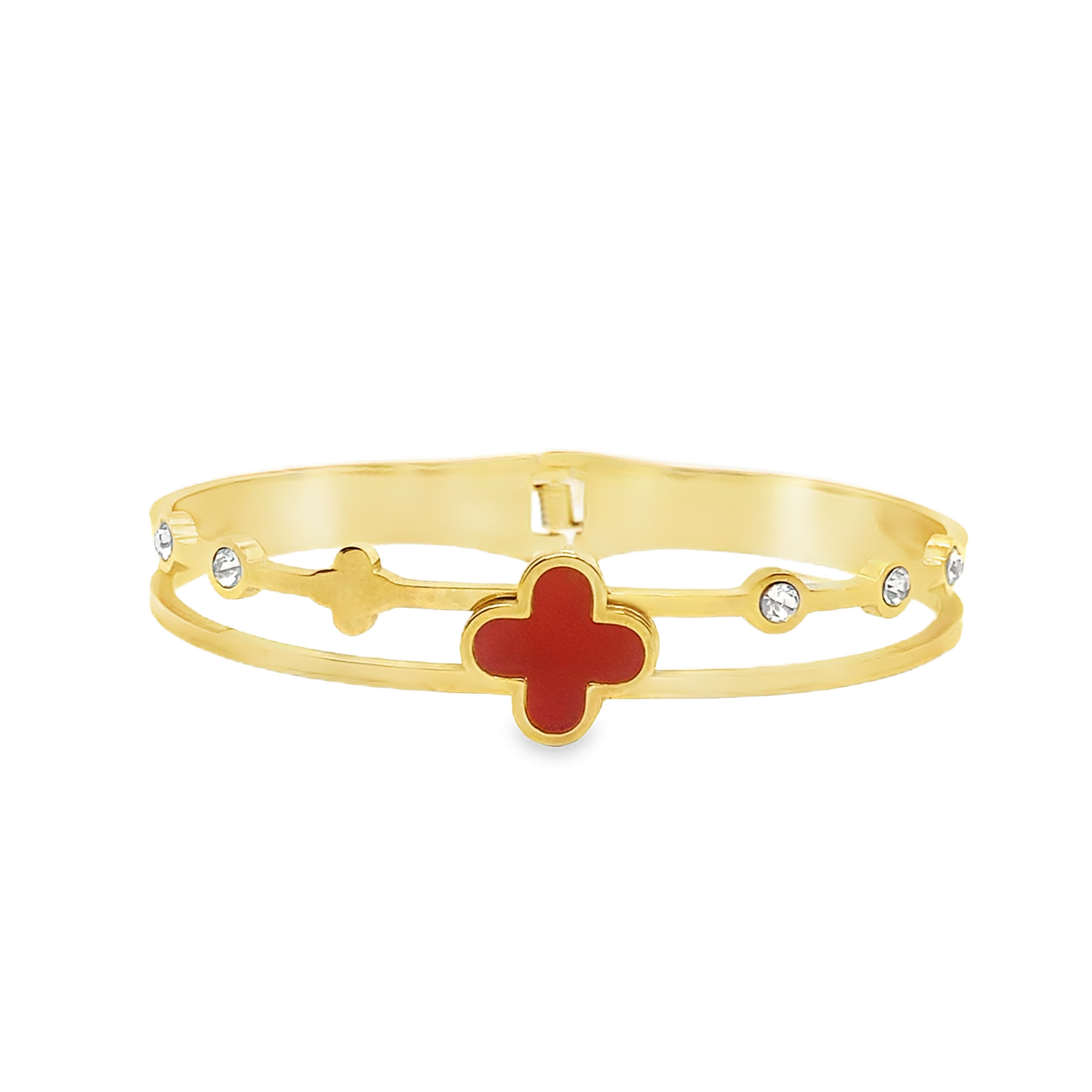 Bransoletka w kolorze żółtego złota z czerwonym kryształowym akcentem w kształcie czwórliści