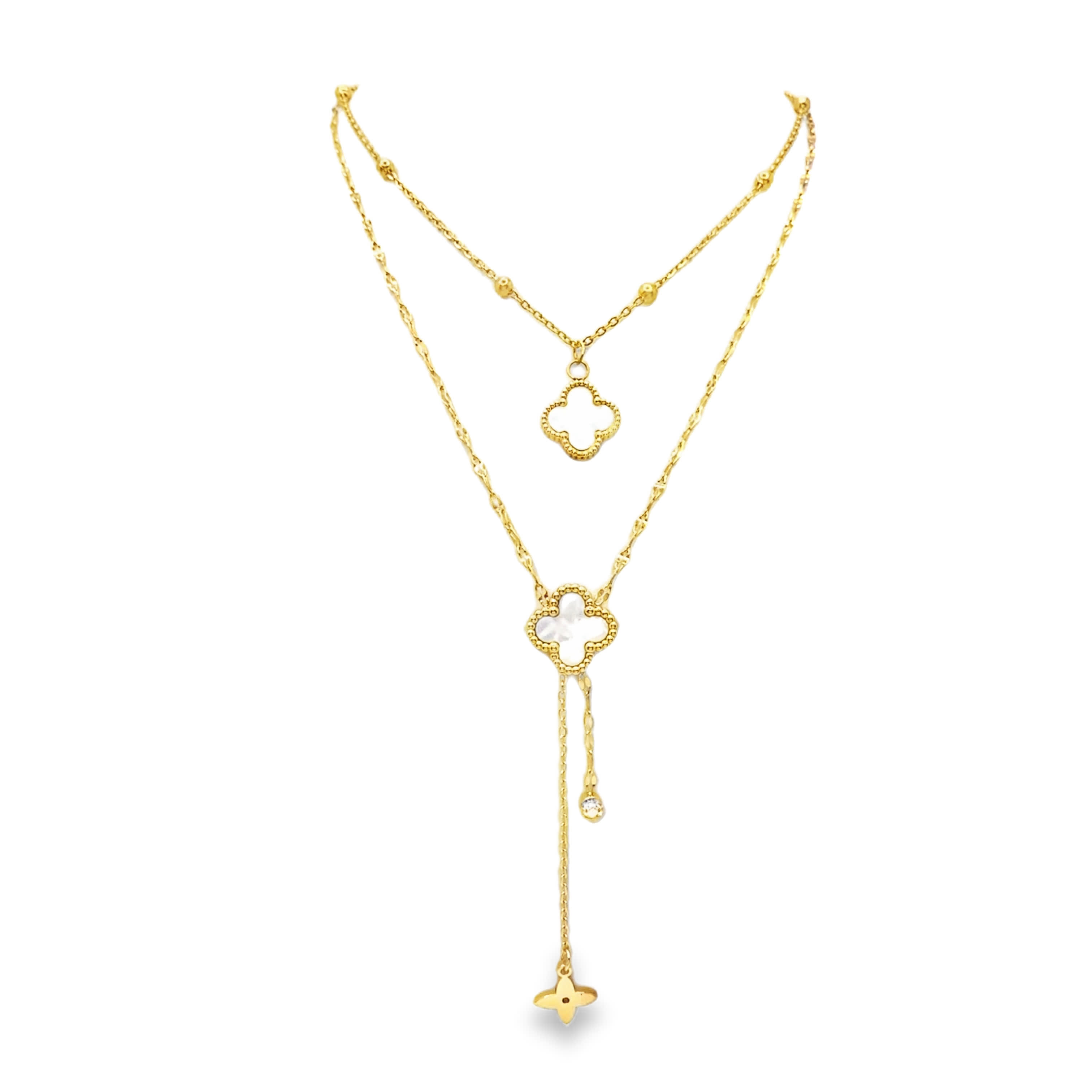 Naszyjnik warstwowy z żółtego złota z wisiorkami z motywem koniczyny