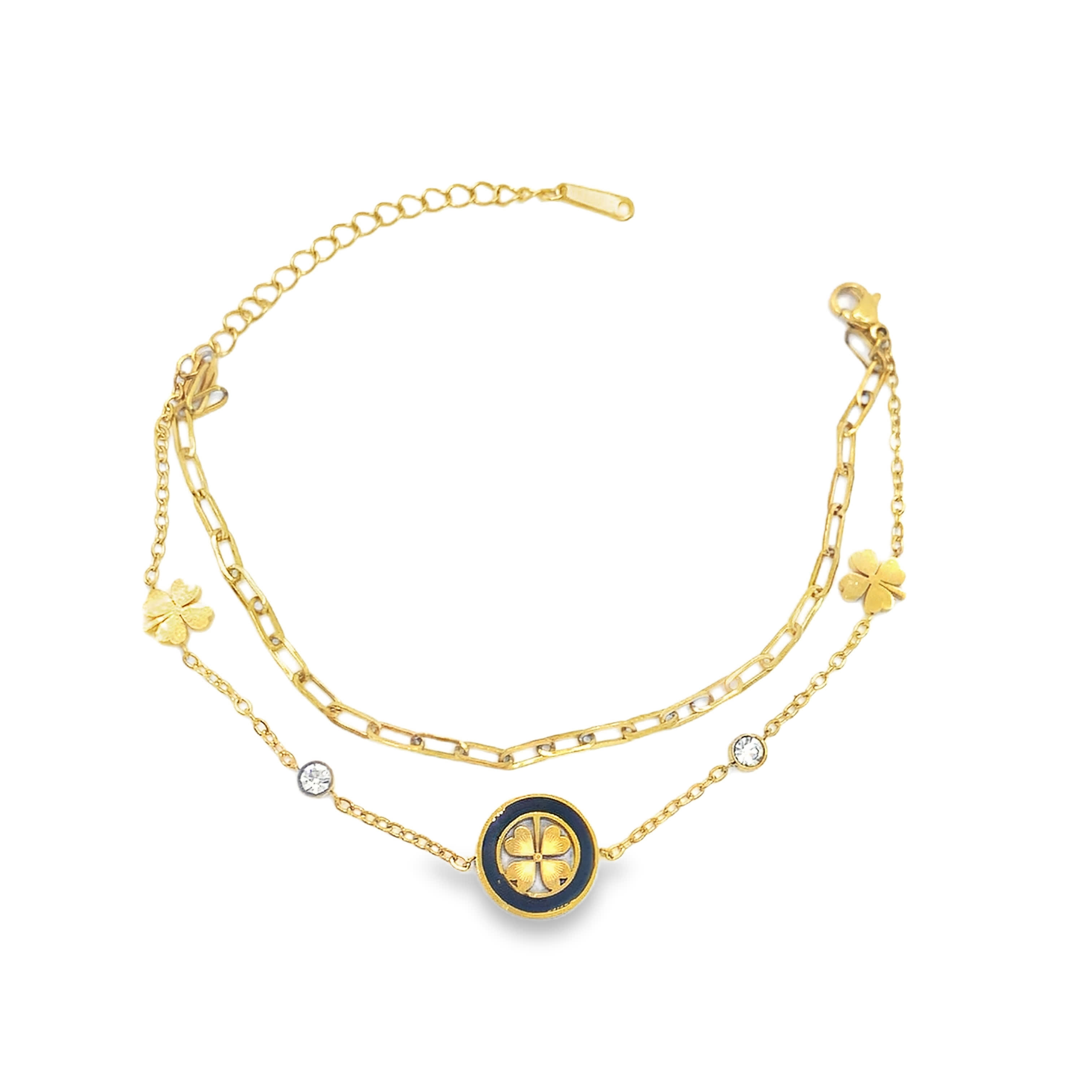 Bransoletka z żółtego złota na dwuwarstwowym łańcuszku z zawieszkami koniczyny