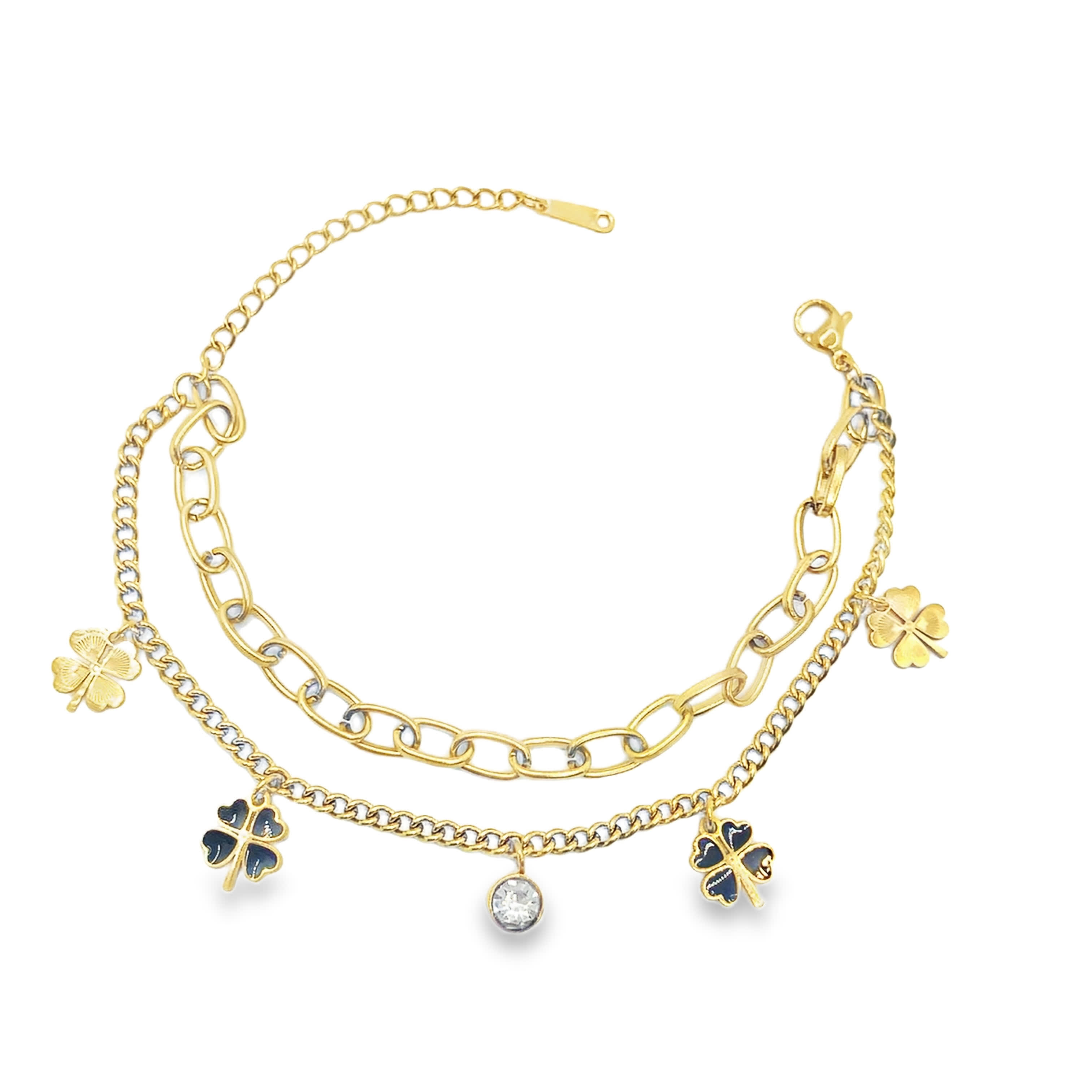 Bransoletka z zawieszkami z żółtego złota z kryształowymi akcentami i motywem koniczyny