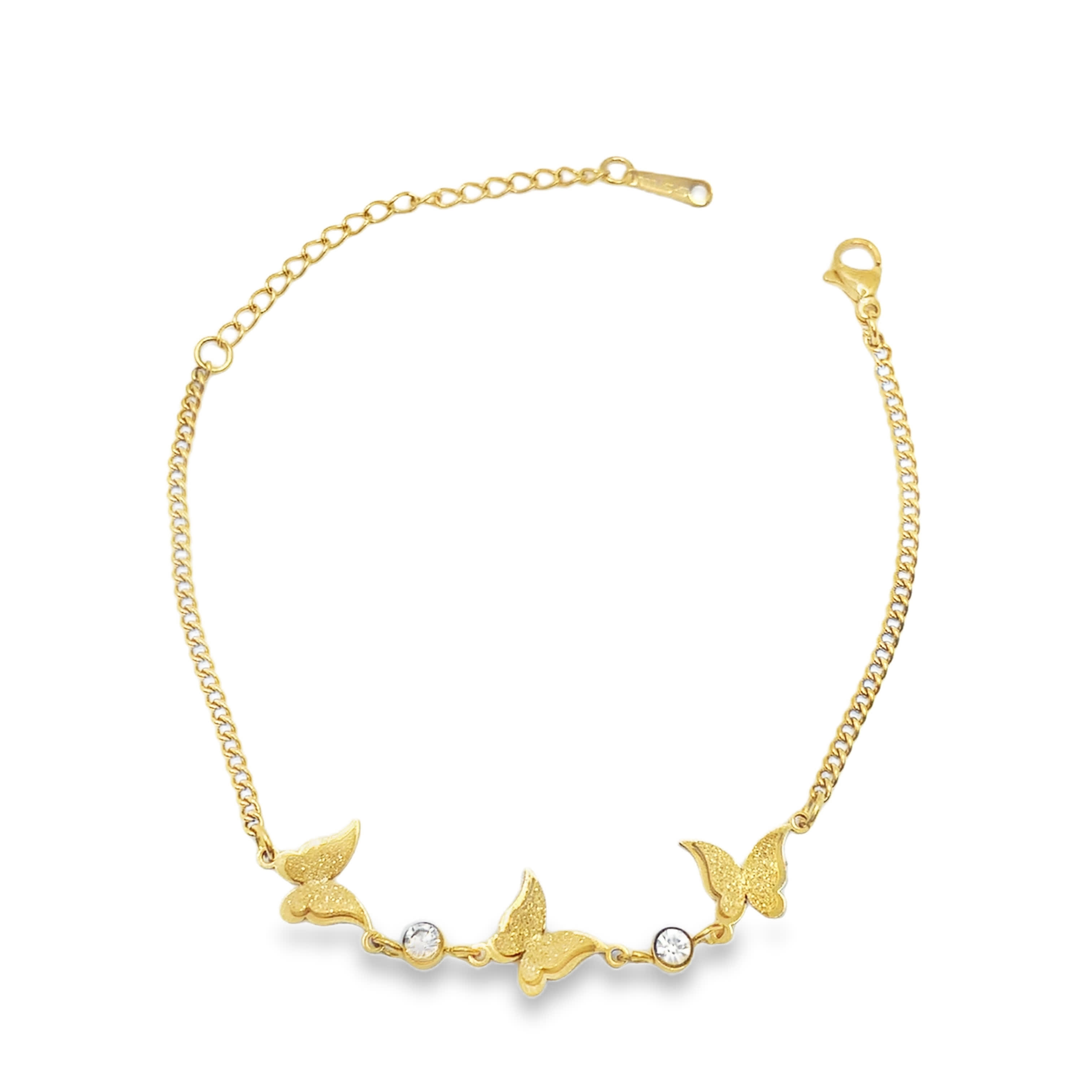 Bransoletka z żółtego złota z łańcuszkiem i detalami w kształcie motyli i kryształów