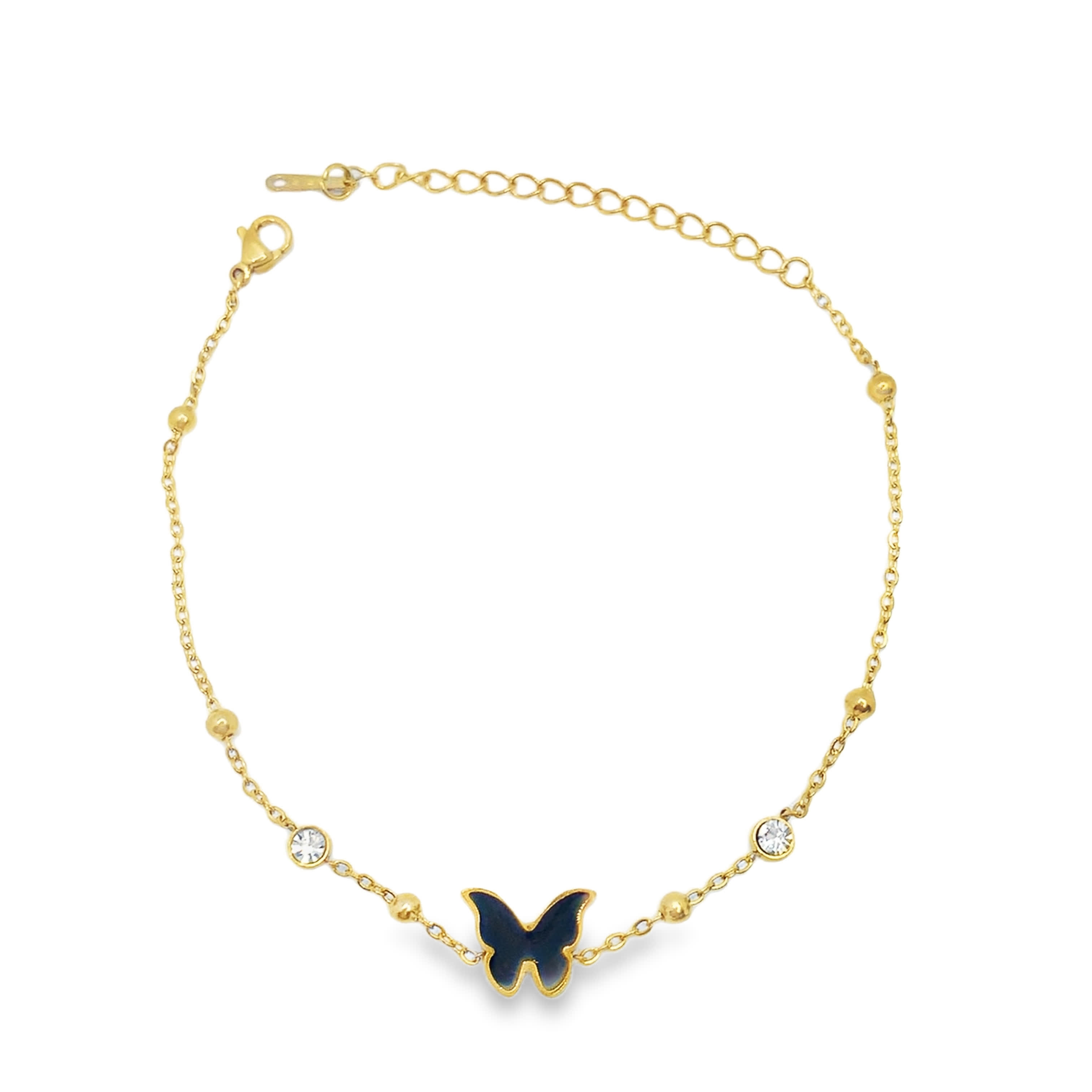 Bransoletka z żółtego złota z łańcuszkiem, kryształkami i zawieszką w kształcie motyla