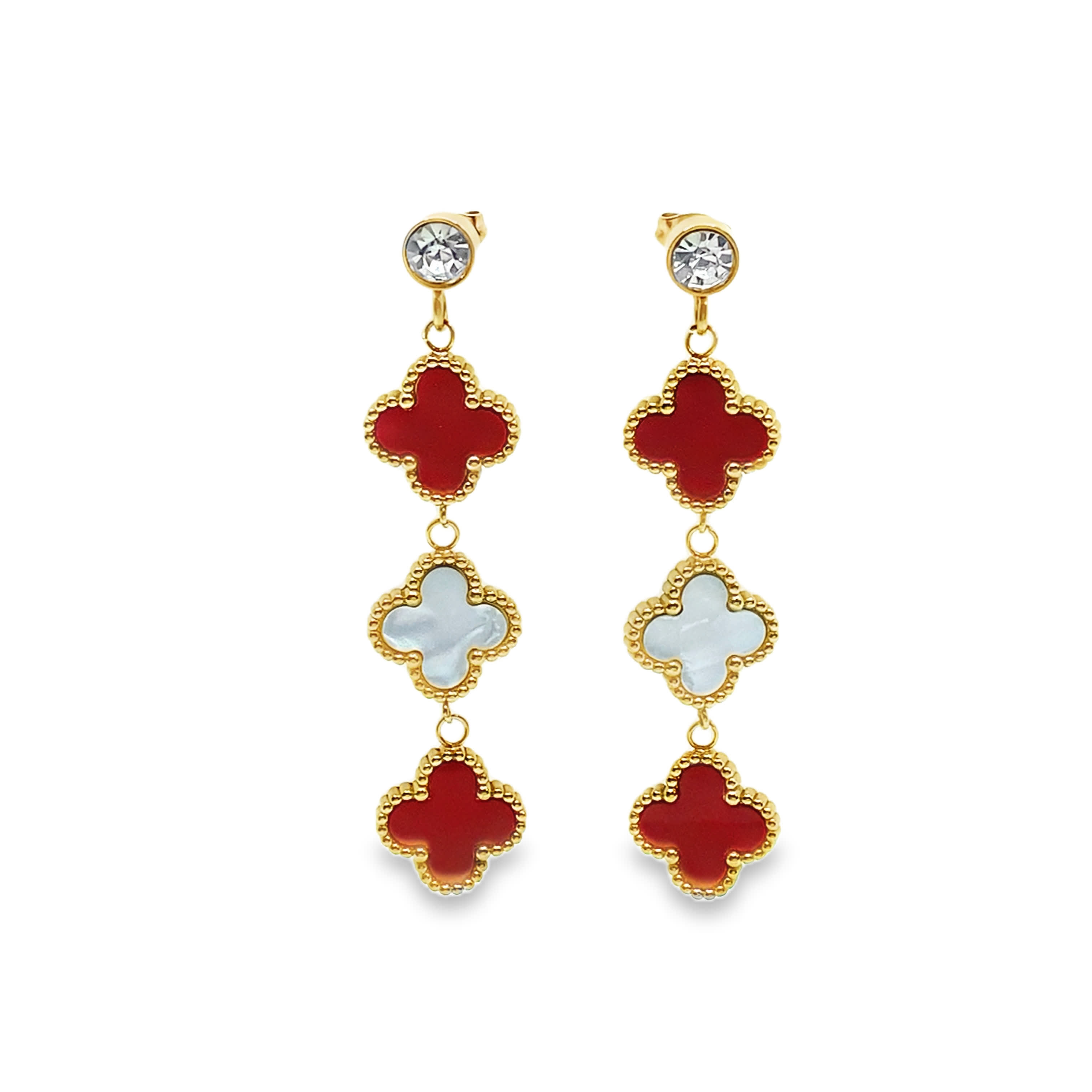 Kolczyki wiszące z koniczyną i kryształkami