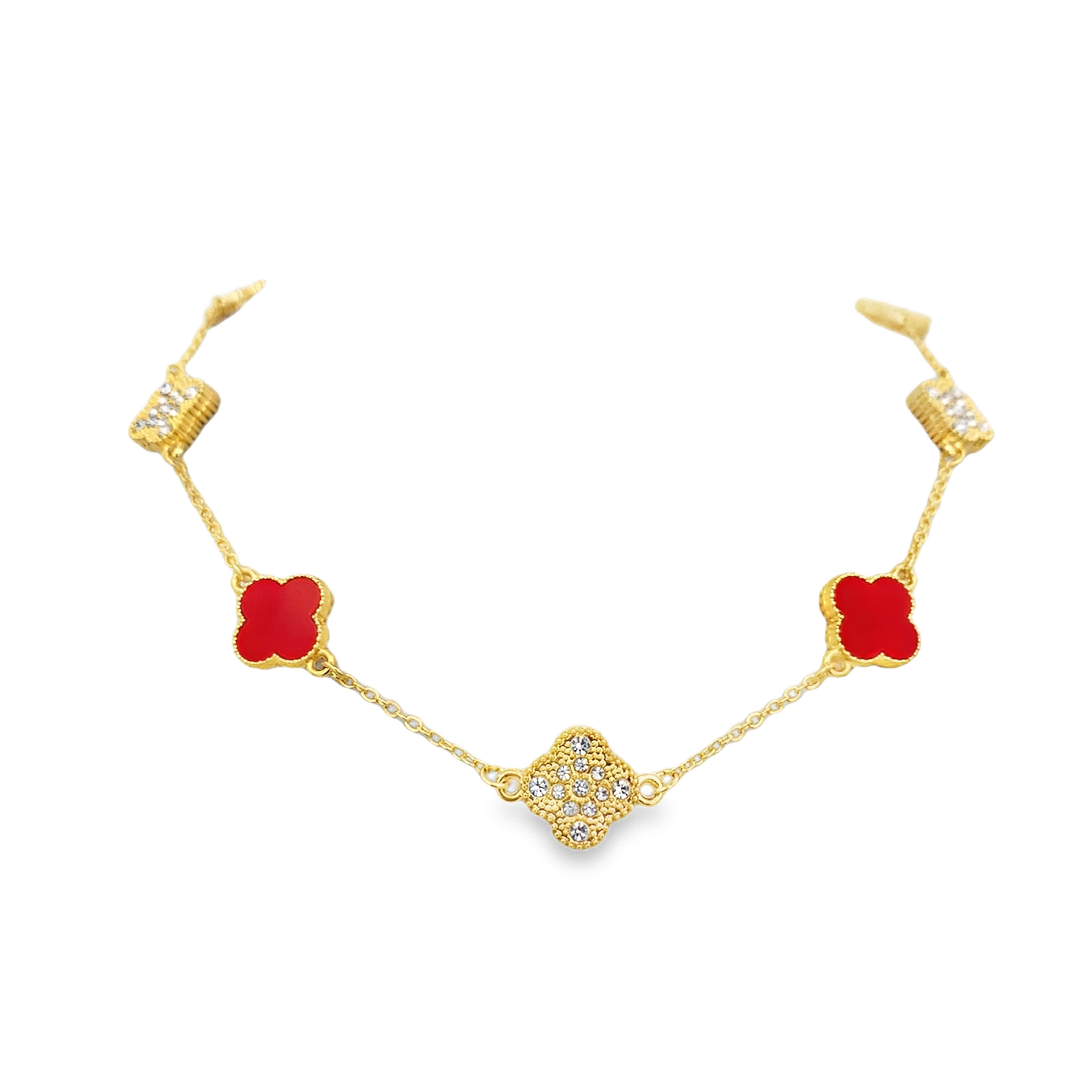 Elegancki naszyjnik łańcuszkowy z pozłacanego metalu z motywami koniczynek z cyrkoniami