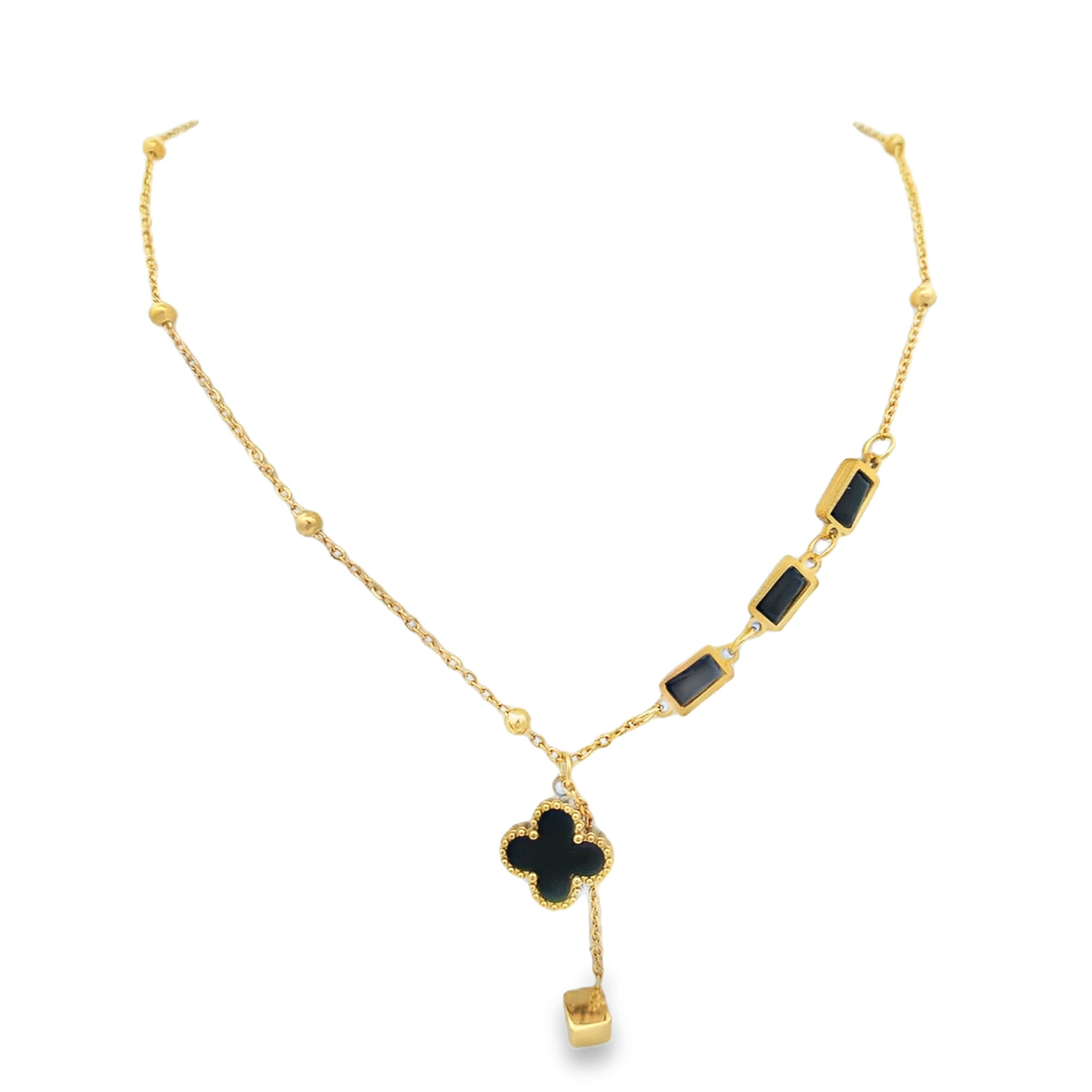 Yellow Gold Asymmetrical Onyx Clover Charm Necklace