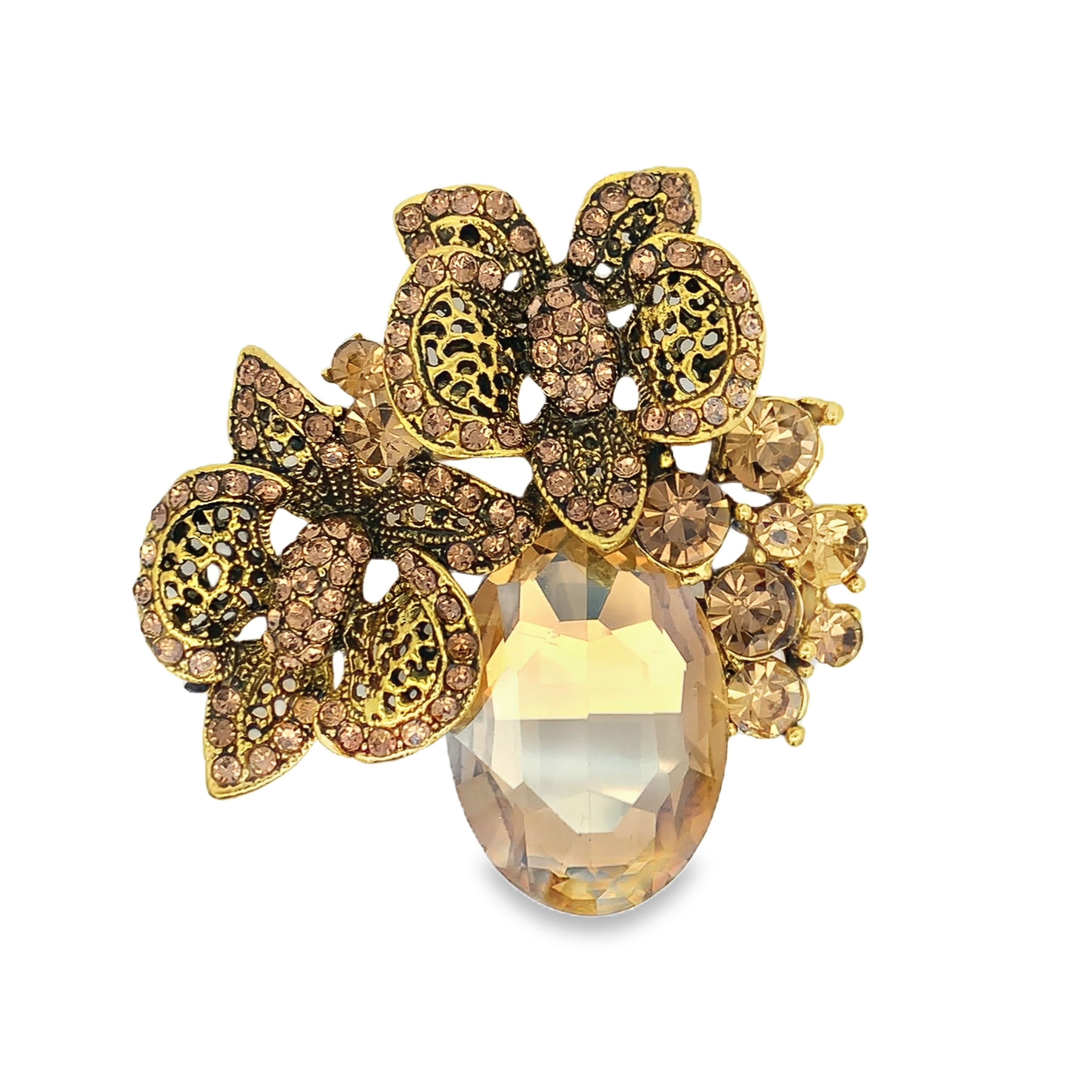 Pozłacana broszka statement kwiatowa w stylu vintage z żółtym kamieniem