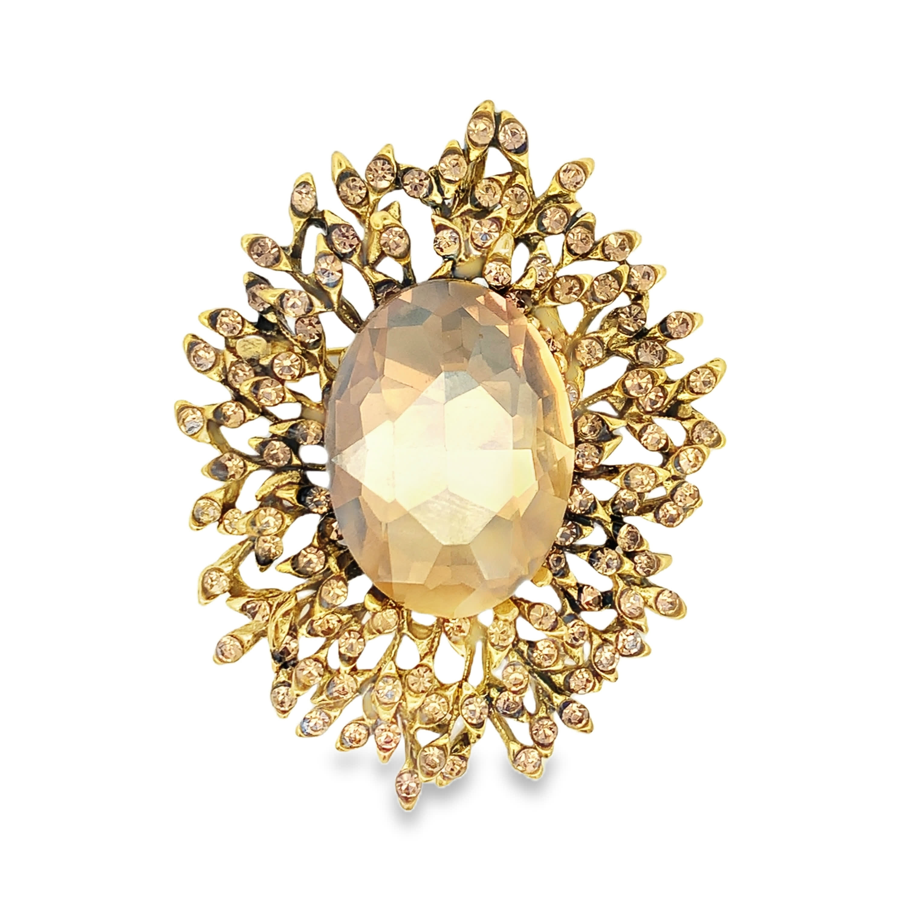 Pozłacana broszka sunburst z owalnym kamieniem w odcieniu szampańskim i fakturowanym wykończeniem