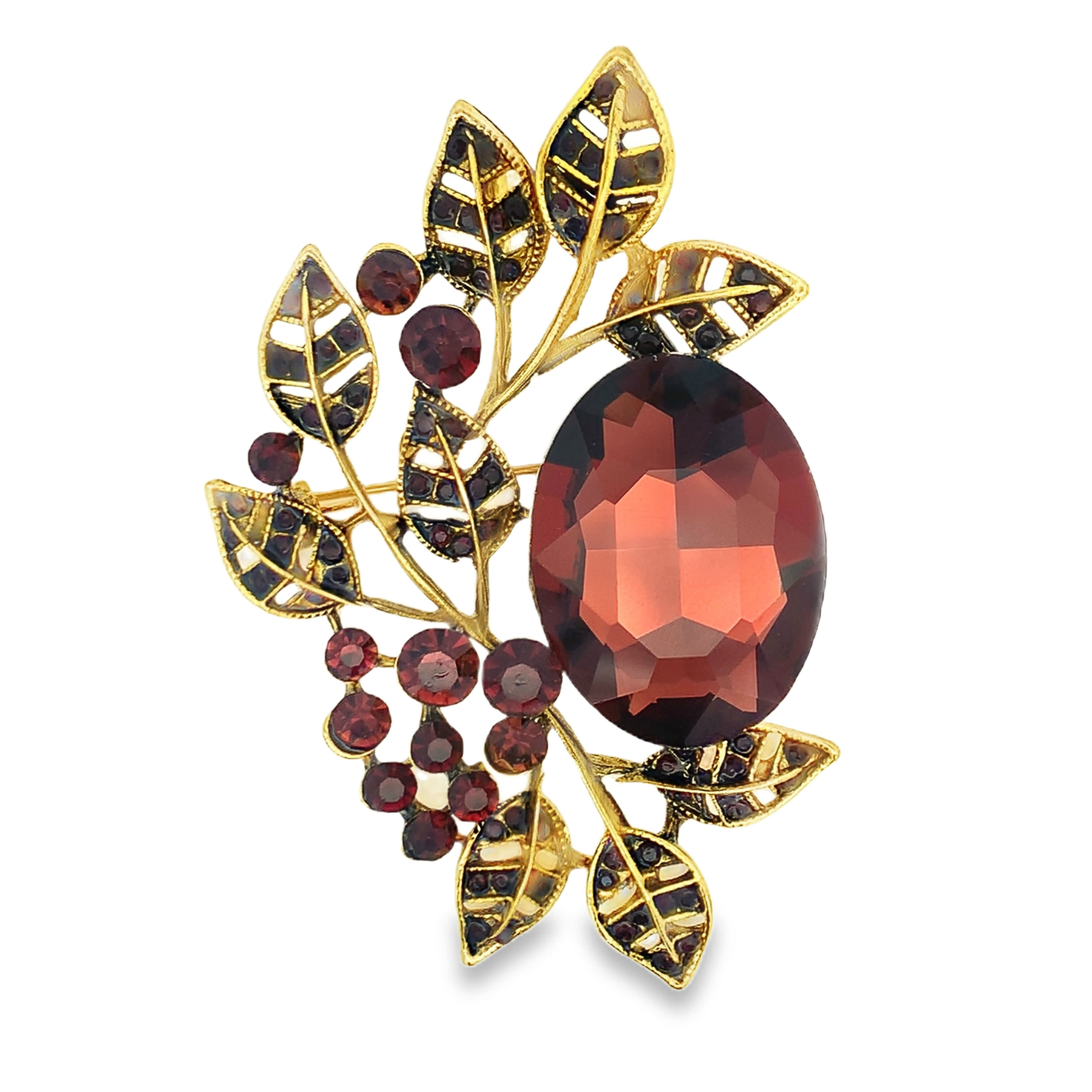 Pozłacana broszka liść w stylu antycznym z owalnymi i okrągłymi kamieniami