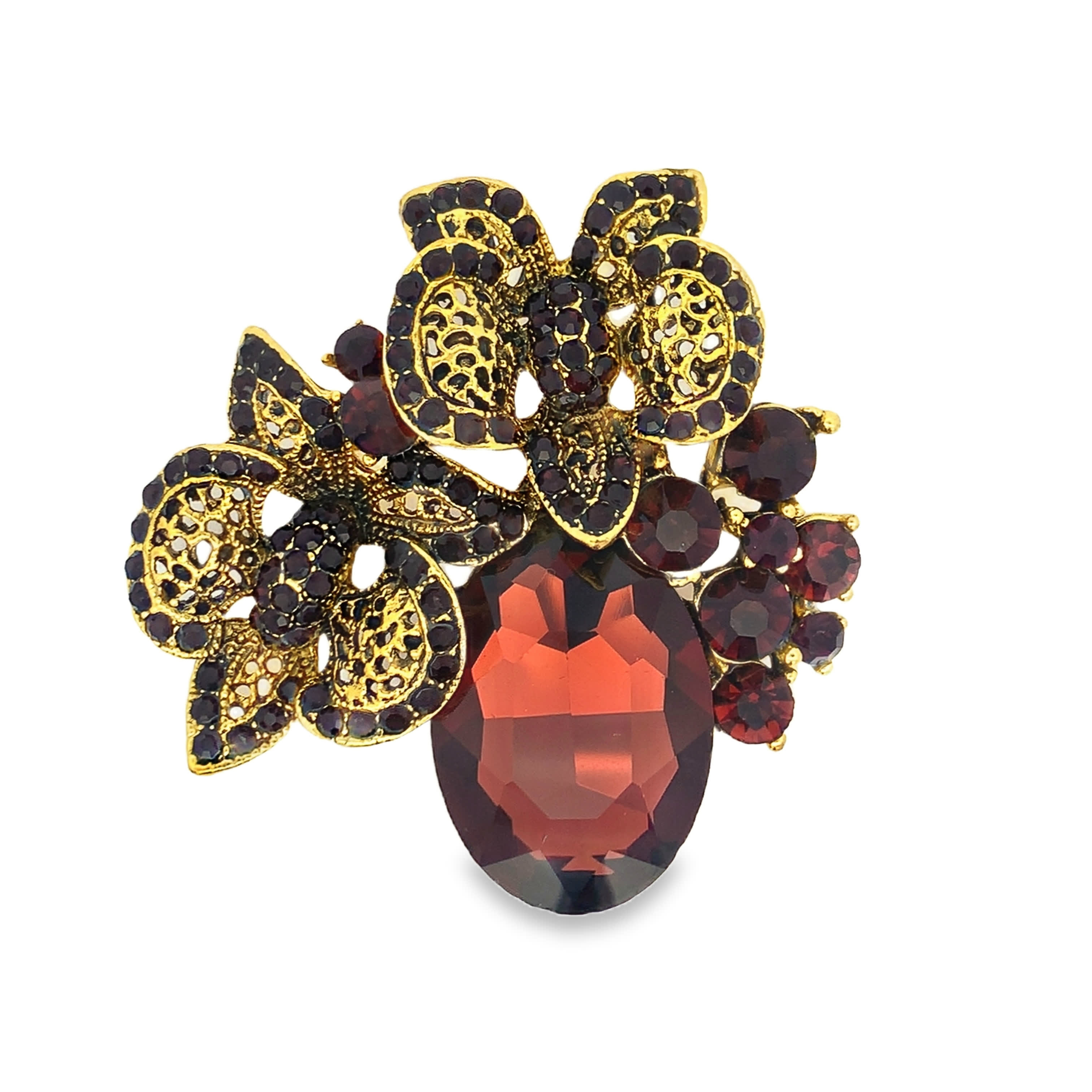 Broszka kwiatowa owalna w stylu vintage z bursztynowym kamieniem i kamieniami