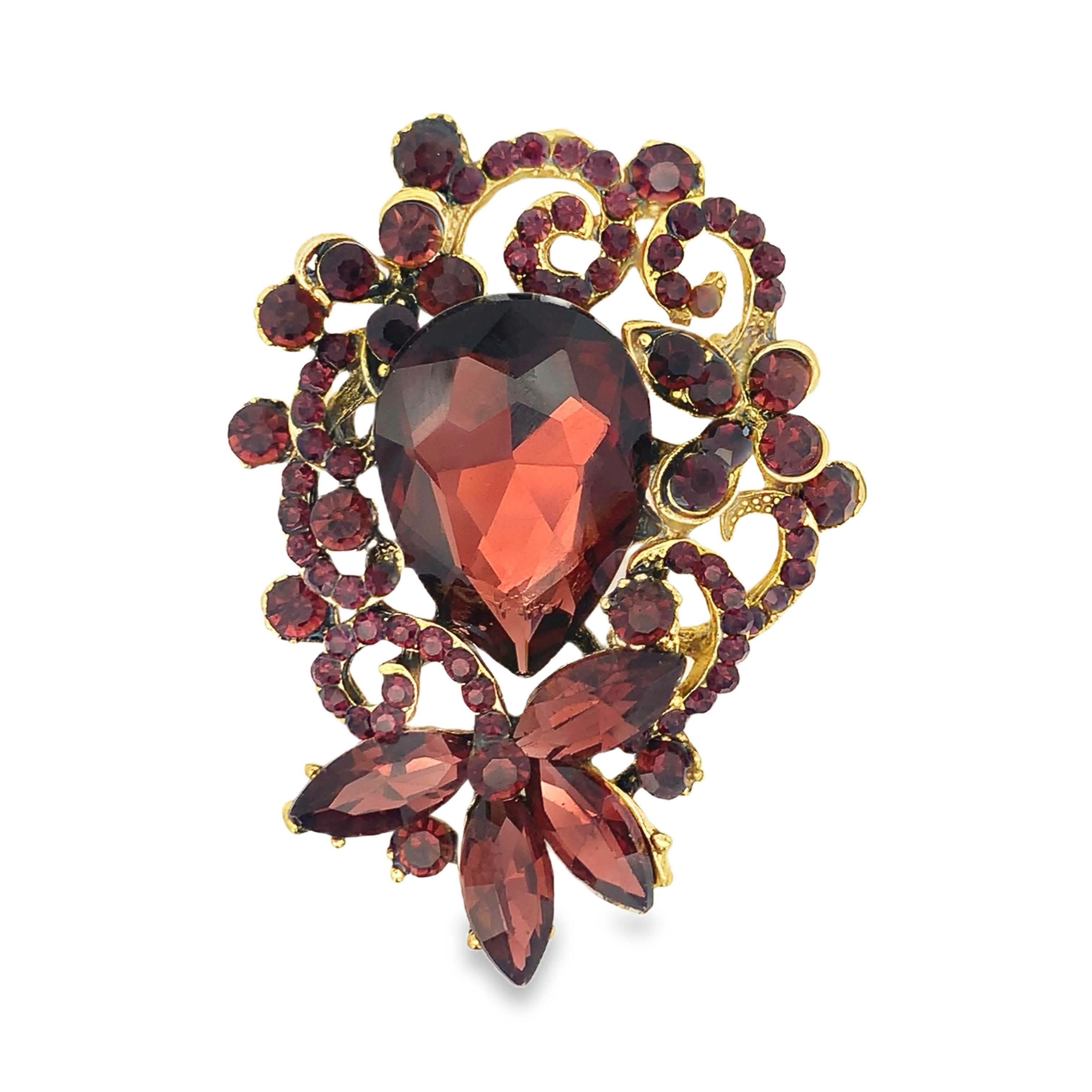 Broszka w stylu vintage z brązowym kamieniem w szlifie gruszki i motywem ornamentowym