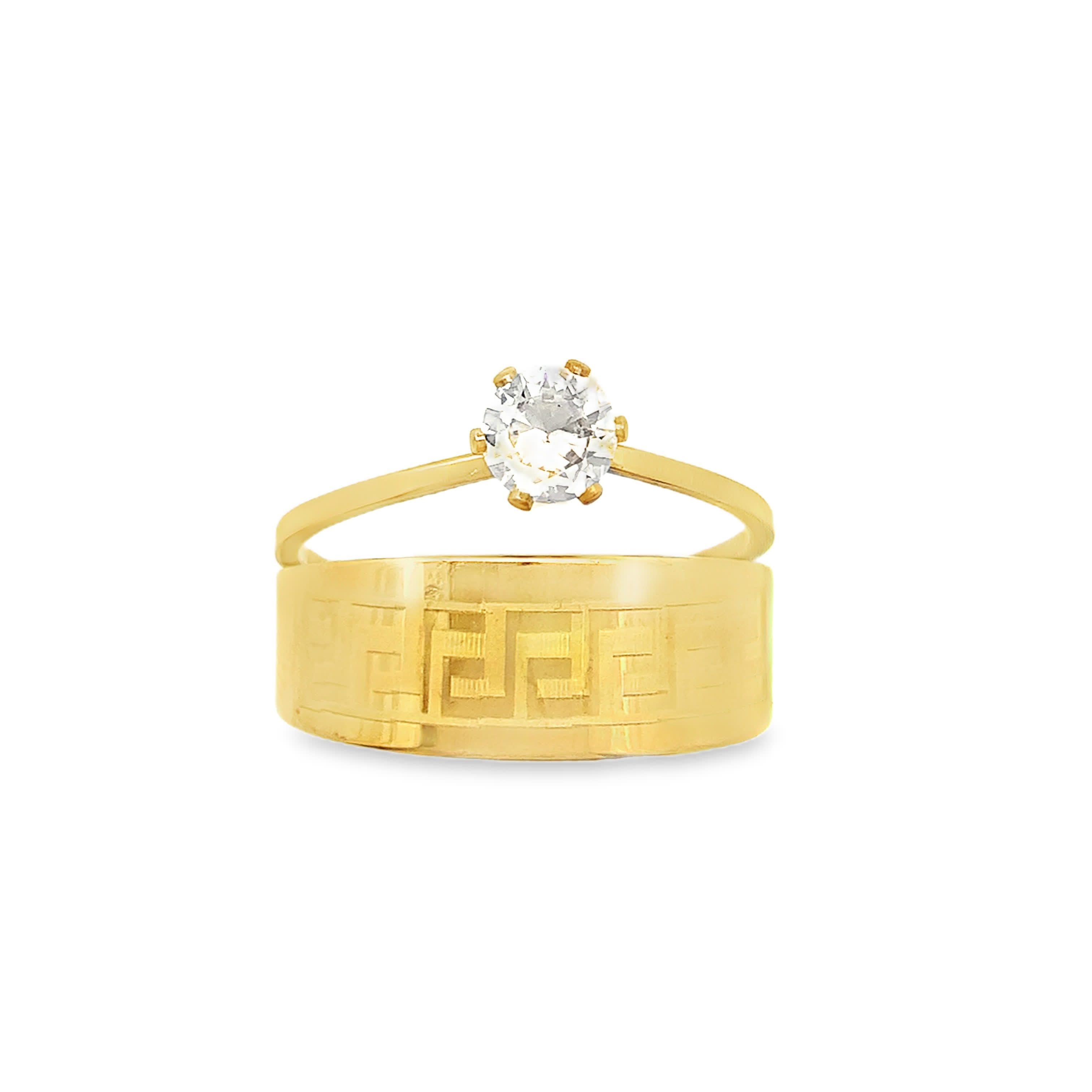 Solitaire Round Brilliant Diamond Engagement Ring and Greek Key Pattern Band Set in Yellow Gold Bridal Set