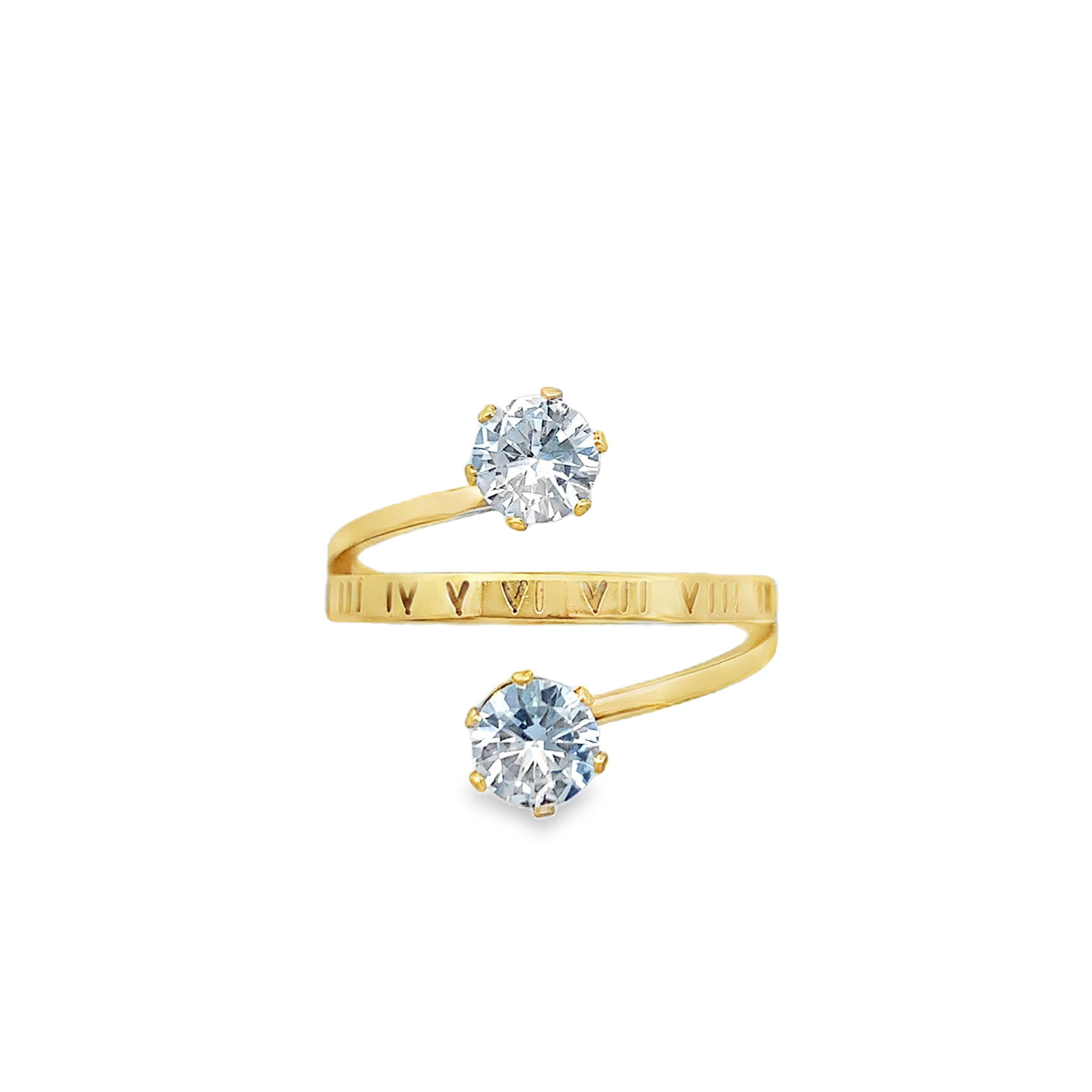 Yellow Gold Roman Numeral Bypass Ring with Round Brilliant Diamonds