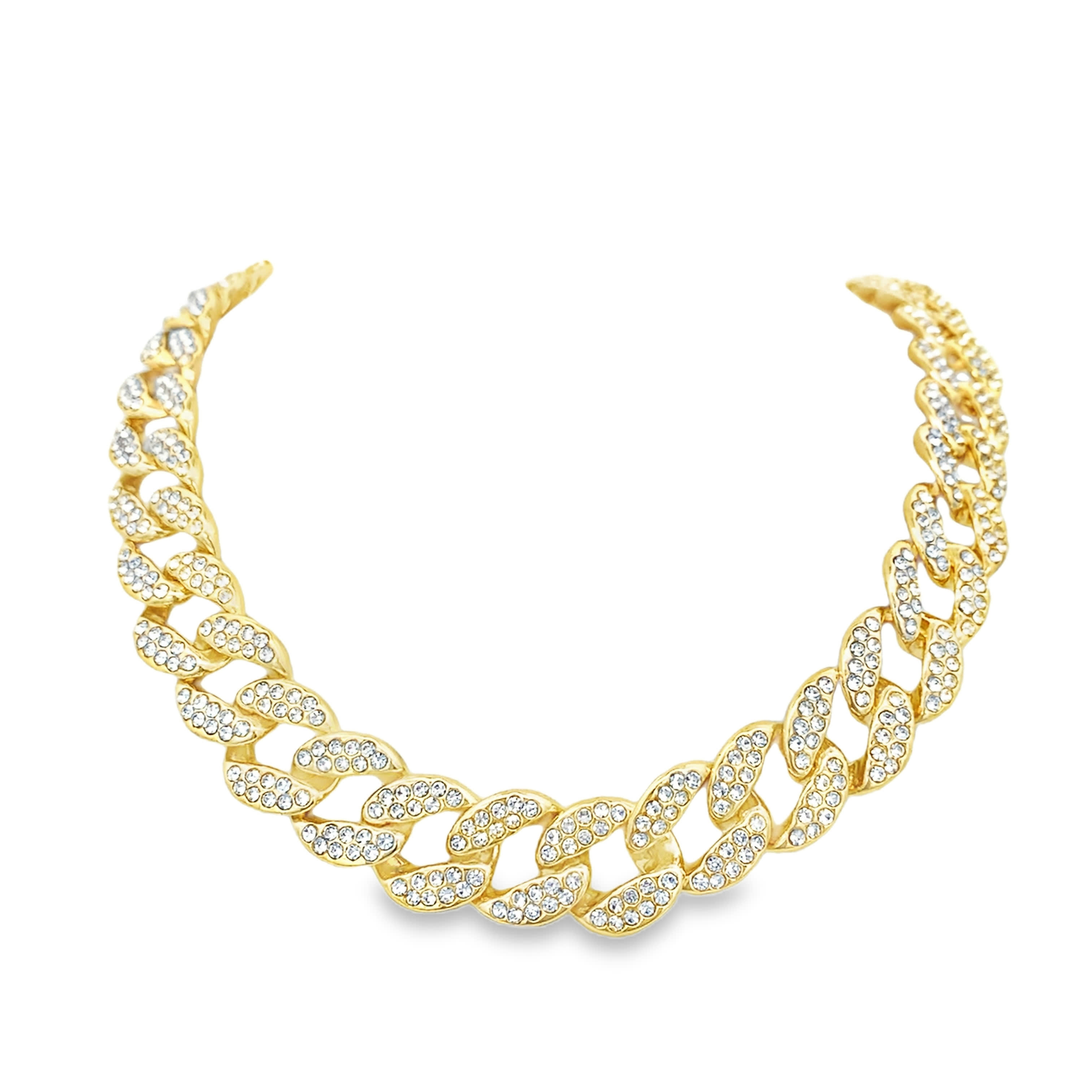 Crystal Pav-Set Cuban Link Curb Chain in Yellow Gold Finish