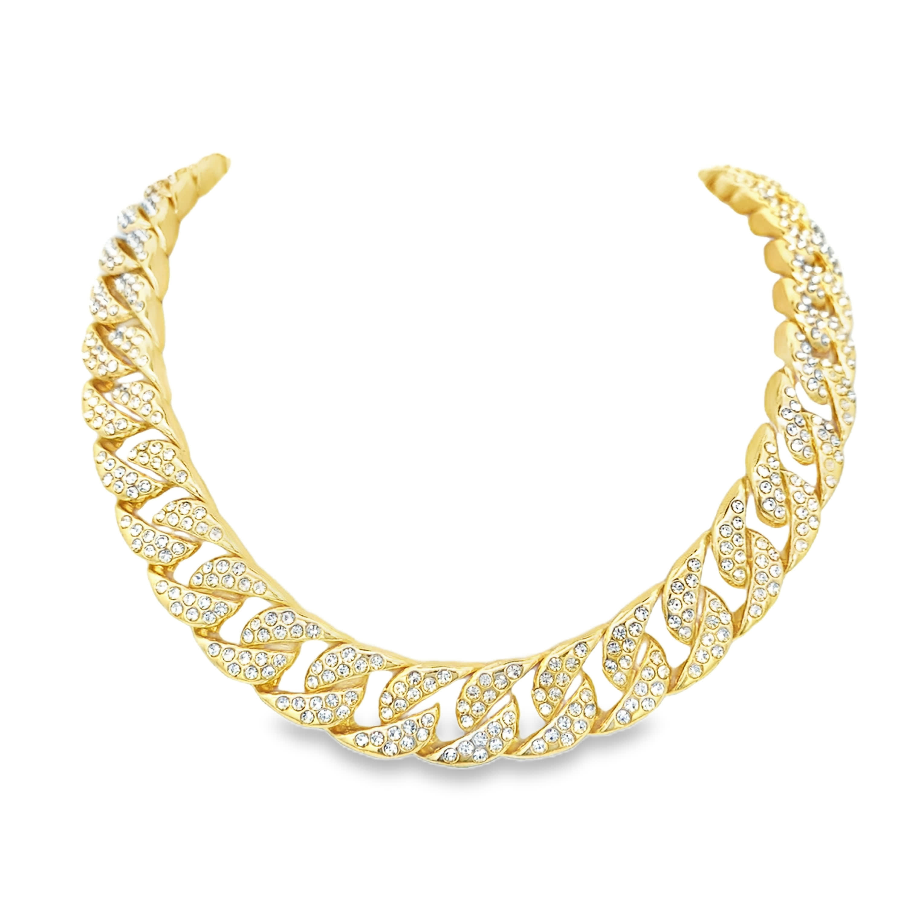 Yellow Gold Pave Crystal Set Cuban Link Statement Necklace