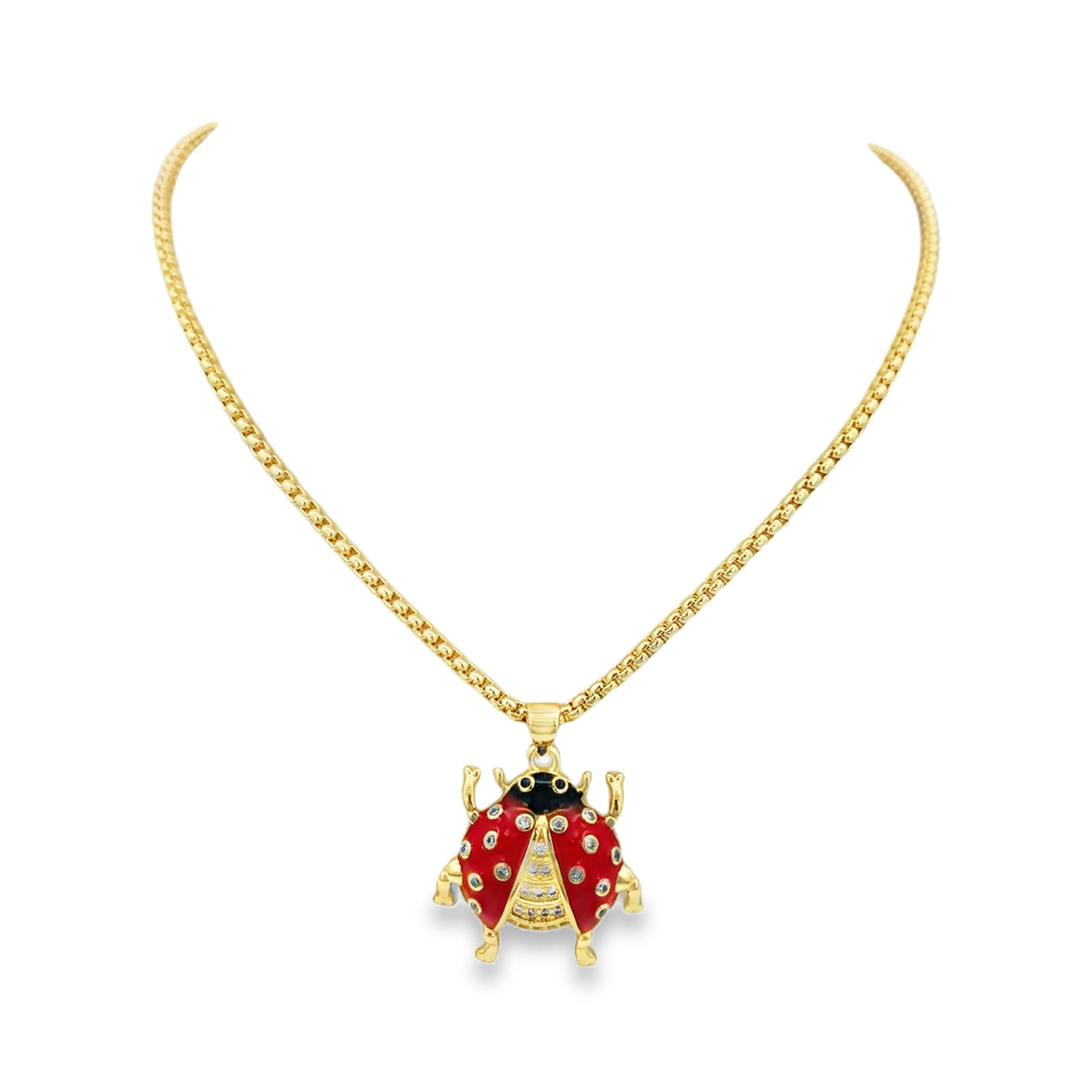 Yellow Gold Ladybug Pendant Necklace with Diamonds and Red Enamel