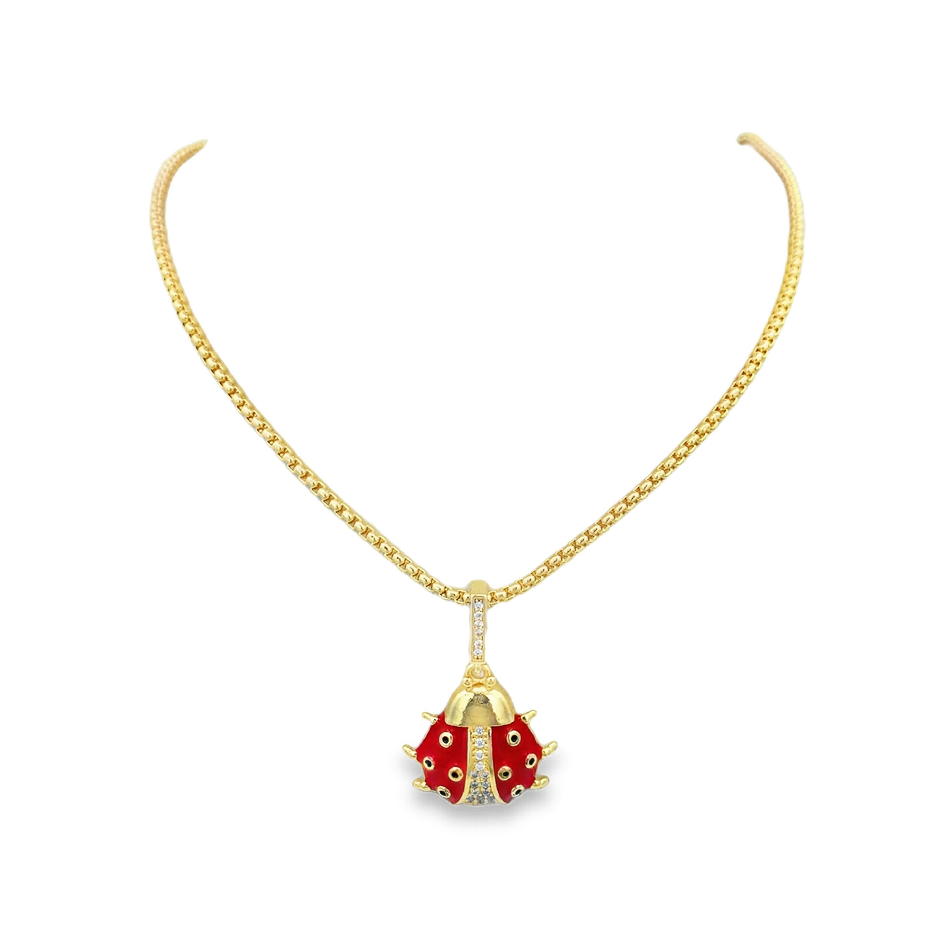Yellow Gold Diamond and Red Enamel Ladybug Charm Necklace