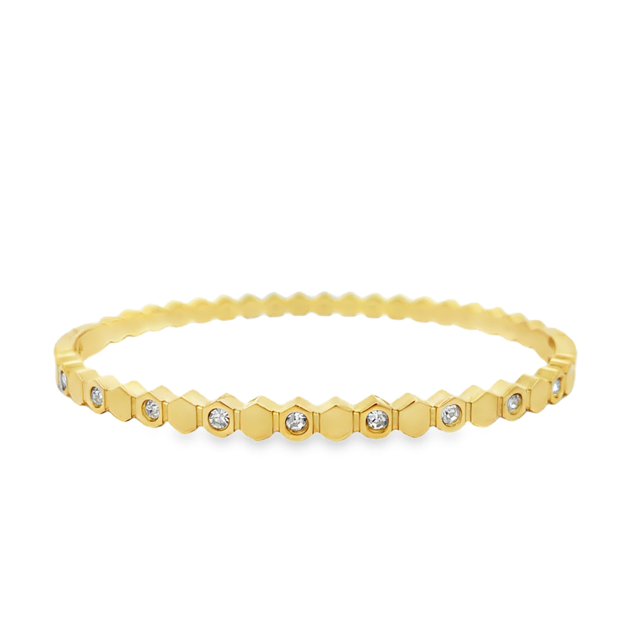 Pozłacana geometryczna bransoletka bangle sześciokątna z kamieniem