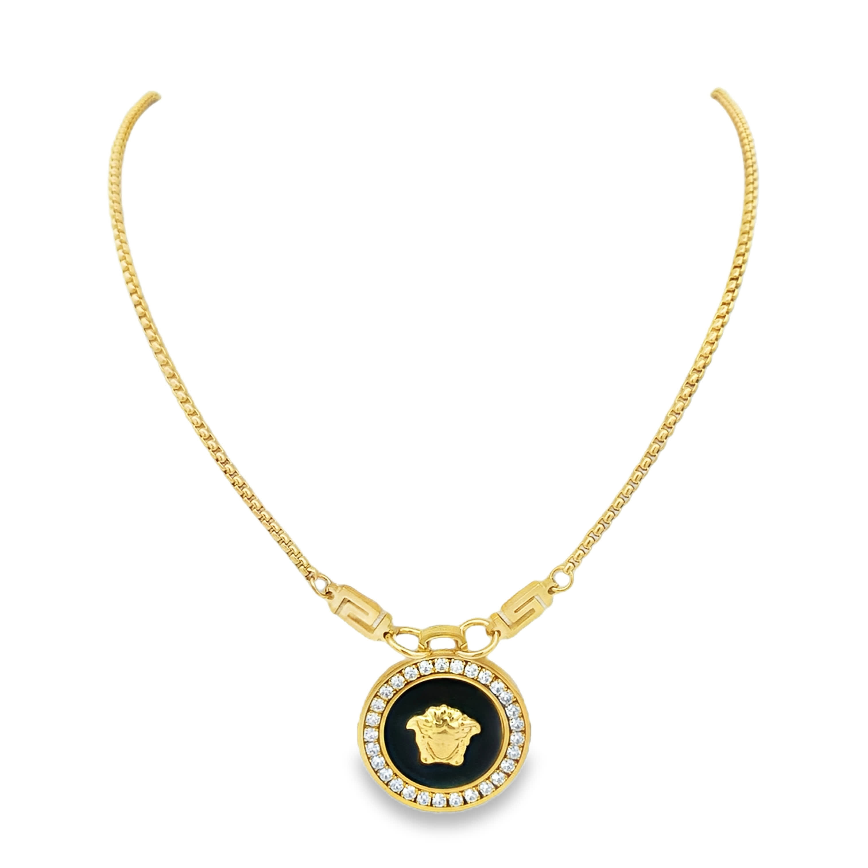 Yellow Gold Onyx Medusa Motif Charm Necklace